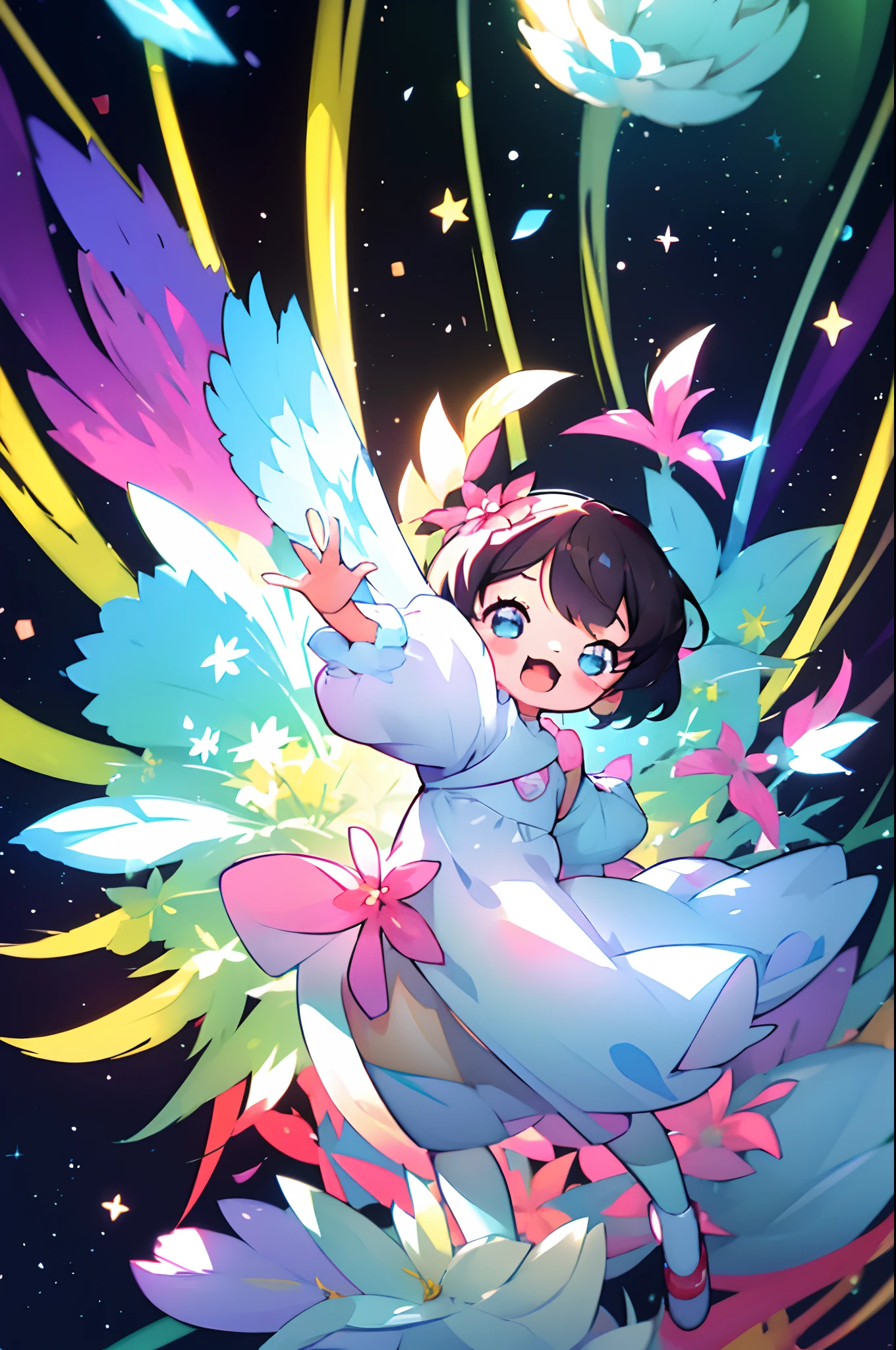 Extremely detailed,(Fractal Art:1.1),(Colorful:1.1)(Flowers:1.3)、 (Dynamic Pose), (Abstract background:1.3)、(Many colors:1.4)、Place one small doll on a circular stand、kawaii pose、A smile、A dark-haired、Chibi Doll、Stars in the eyes（kirakira）、Singing with microphone in hand、Eye Up、Laugh、Cute red shoes、Ultra Detail, radiant light、bio luminescent、Stronger bokeh effect、Taken from the side