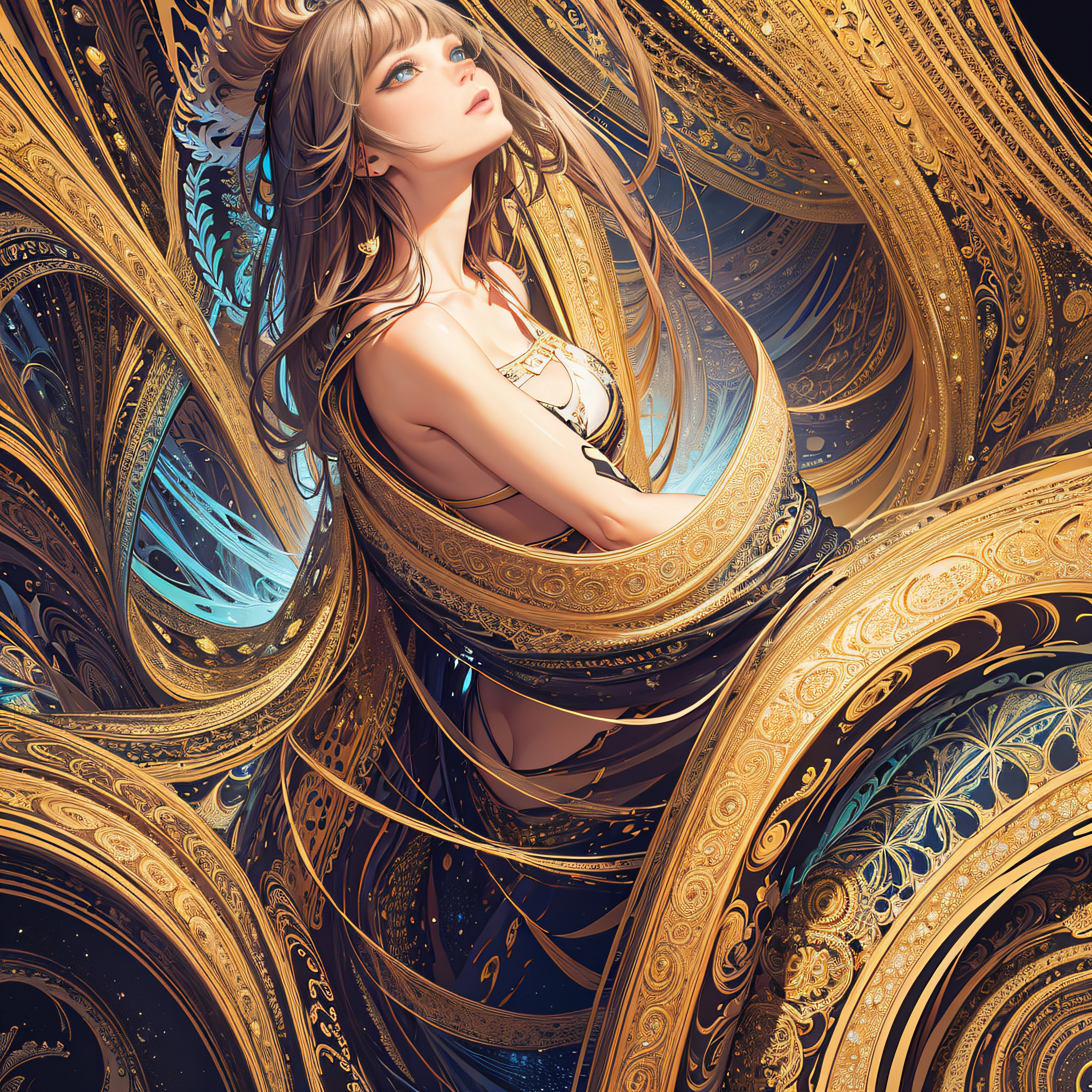 (masterpiece, top quality, best quality, official art, beautiful and aesthetic:1.2), (1girl), (fractal art:1.2),absurdres, highres, ultra detailed, Ultra-precise depiction, Ultra-detailed depiction, solo, (zentangle:1.2), dynamic pose, floating hair, (skinny, thin body: 1.2), tanned skin, shiny skin, (abstract:1.2)