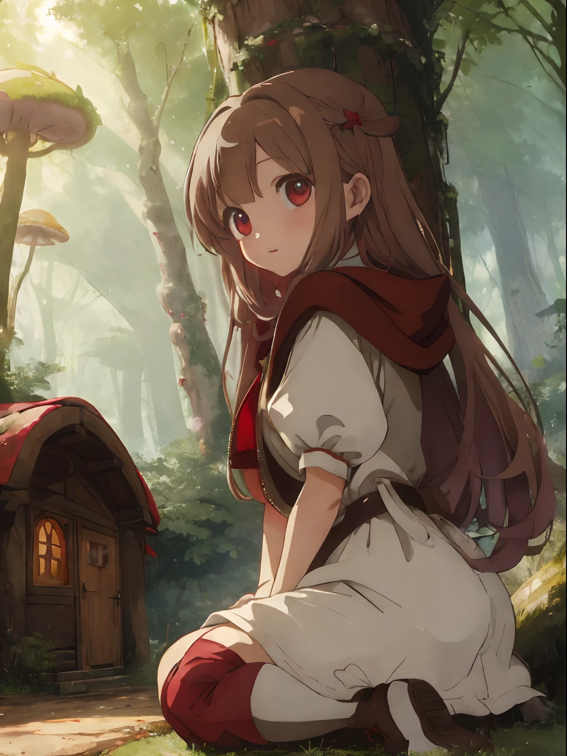 A world of fairy tales and wonderlands,House in the shape of a mushroom,strange shaped plants,The tree々forest where light shines in,Little Red Riding Hood,Wearing a red hood,big red poncho,White Dress,Crying with both arms tied,Disheveled and forcibly torn clothes,Chest exposed,Slightly red tide,fluffy light brown hair,Nipple bumps,thighs thighs thighs thighs,undergarment,grip the ground firmly,Rape,Rape,SEX