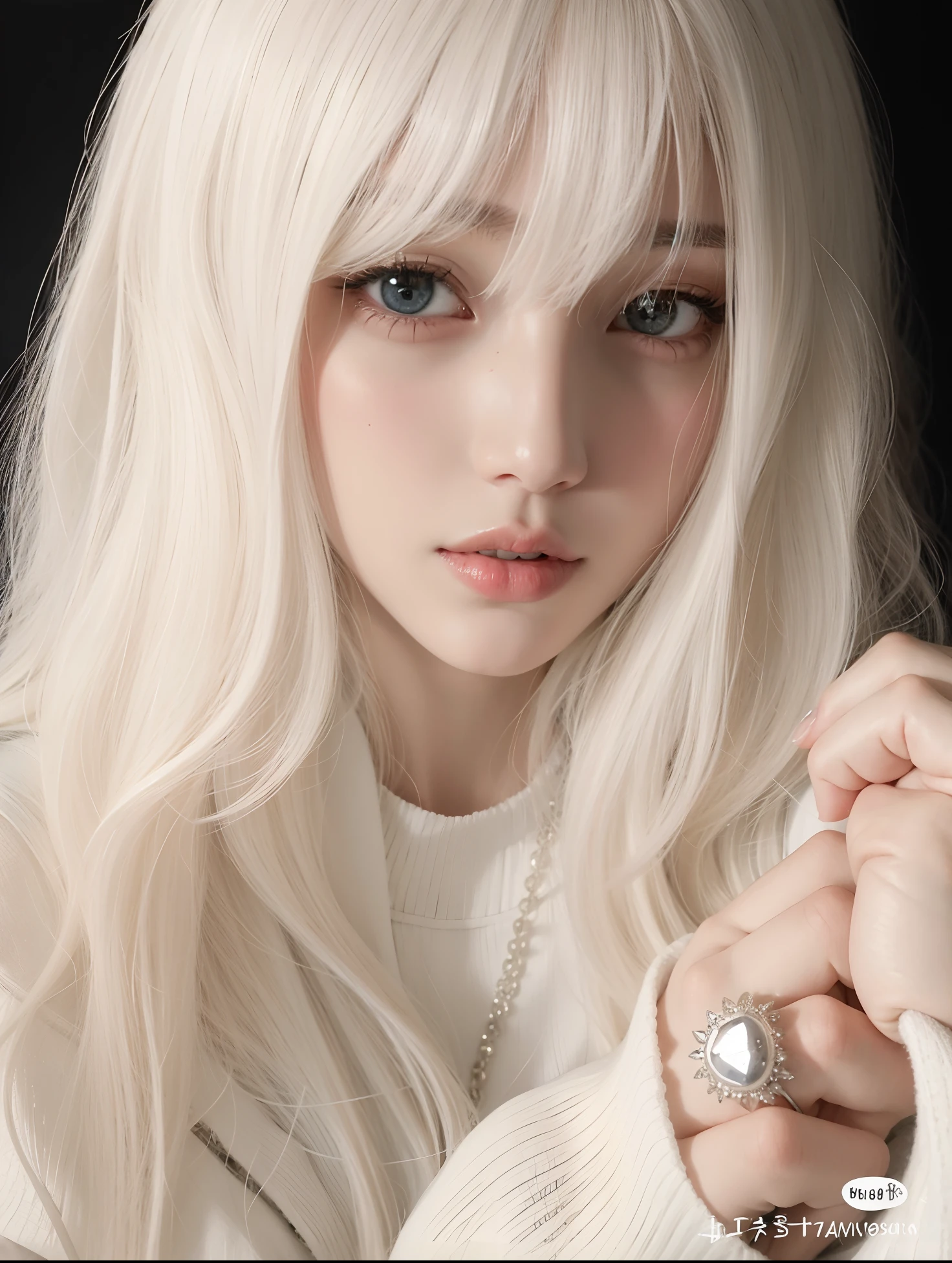 um close de uma mulher com longos cabelos brancos e um anel, longos cabelos brancos e franja, com longos cabelos brancos, com cabelos longos brancos, perfeita de cabelos brancos, meninaabelo branco, franja branca, branco hime corte penteado, cabelos brancos rosto bonito, pale porcelain white skin, her hair is white, Ulzzang, cabelos brancos
