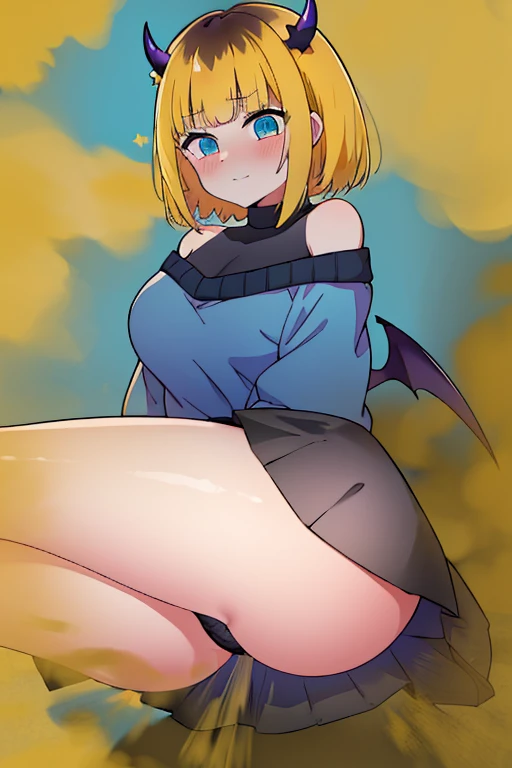 memcho, blonde hair, blue eyes, blunt bangs, demon horns, fake horns, horns, short hair,
bare shoulders, black skirt, (blue sweater:1.5), long sleeves, off shoulder, off-shoulder sweater, puffy sleeves, skirt, sweater, white ribbon, farting, blush, ass focus, sitting, puffy anal
