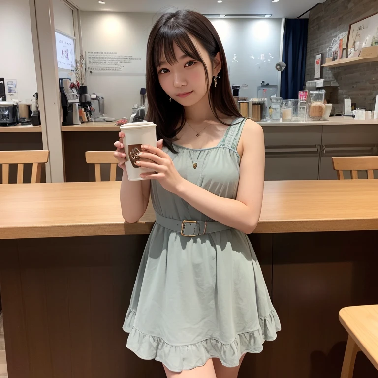Yoshiko Akishino、20yr old、femele、Knee-length dress、cafes、Semi-long、coffee cup