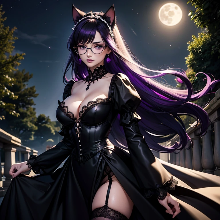 une femme adulte avec des lunettes dans un parc , Black wedding dress with sleeves, Robe moulante, robe près du corps, black wedding viel, Lolita , gothiques, long Dress, Bending in front of camera , cat ears, white stockings, Dark and purple hair, cheveux noirs et mèches violettes, oreilles de chat sur la tête, gros seins, belle poitrine , Décolleté important, Avatar de seconde vie, Belle capture d’écran, charme , Seconde vie, femme séduisante, portant des lunettes noires brillantes, Full Moon, Dark Sky, Night