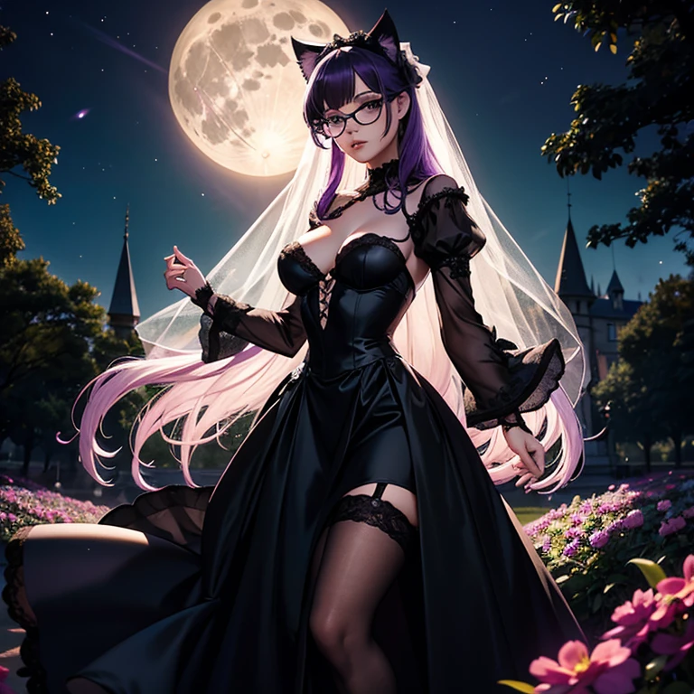 une femme adulte avec des lunettes dans un parc ,Black wedding dress with sleeves, Robe moulante, robe près du corps, black wedding viel, , gothiques, long skirt, cat ears, white stockings, Dark and purple hair, cheveux noirs èches violettes, oreilles de chat sur la tête, gros seinsitrine , Décolleté important, Avatar de seconde vie, Belle capture d’écran, charme , Seconde vie, Plan rapproché entre les jambes , femme séduisante, portant des lunettes noires brillantes, FMoon, Dark Sky, Night