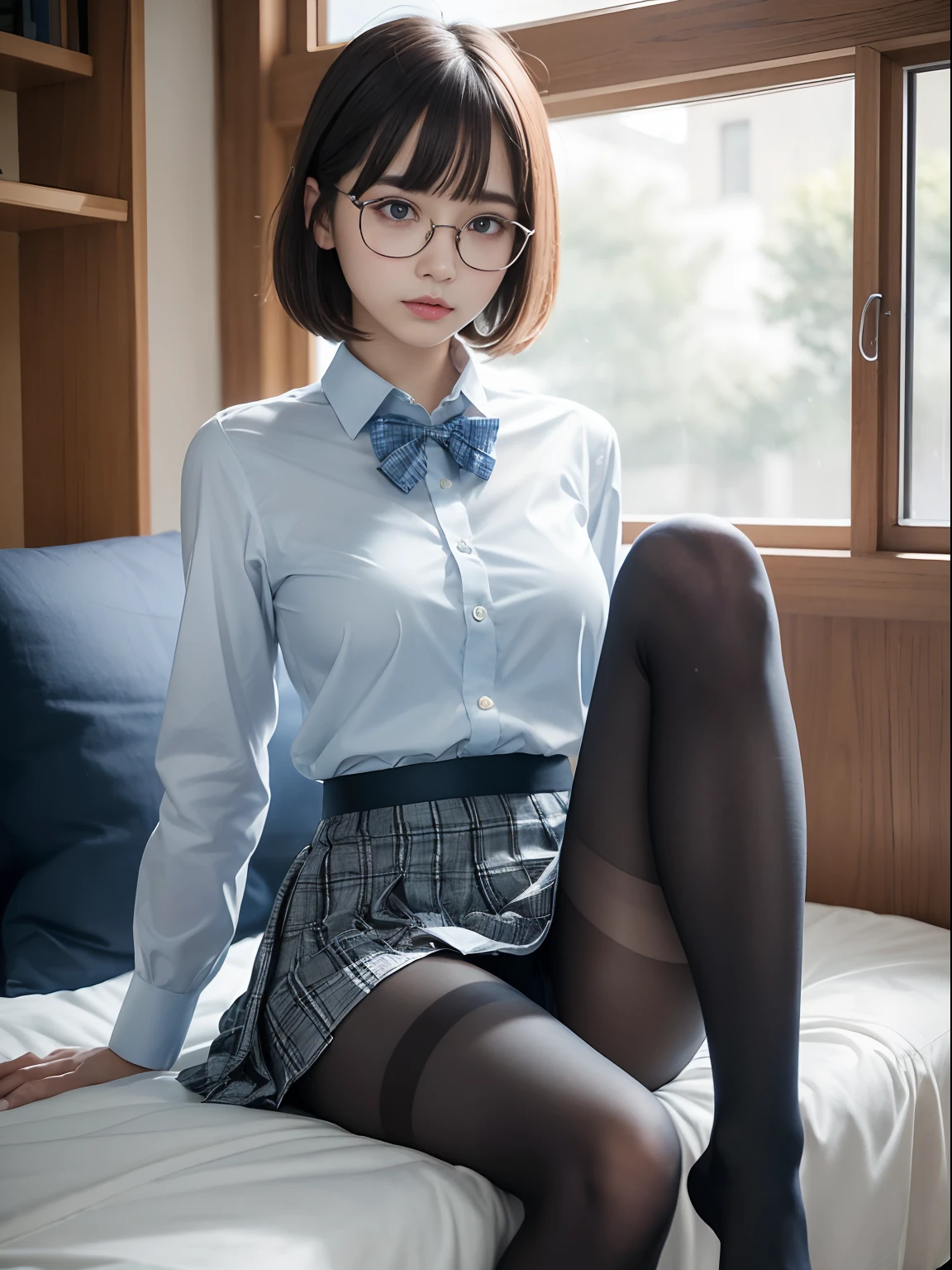 (Long bob cut)、(Underwear is visible)、((Narrow-eyed))、((Narrow-eyed))、((Narrow-eyed))、(8K、Raw photography、top-quality、​masterpiece：1.2),、Has a small、(flat breast)、(flat breast)、(flat breast)、(flat breast)、(flat breast)、(being thin)、light skinned、skin whitening、Dark look、Rasping,glamor,Chromo-white skin,cocky,School,watching at viewers,Looking at the front,Muchimuchi,High-pitched clothing,Erotic,Pupils,de pele branca,kne,((Black pantyhose)),absurderes,a small face,,Forehead visible,Bangs hanging from the left and right sides of the forehead,(a cold expression,Tight eyes,glares,Bullish,irate)、​masterpiece,top-quality、超A high resolution,Raw photo,ren,Beautiful fece,One Person, 独奏,eye glass,,Dark look,Small breasts,fullllbody,Round glasses,JK school uniform,hi-school girl,A Japanese Lady,is standing,（Photorealsitic：1.37）、Photon mapping,Realistic、Beautie,Cute little face,Brown-eyed、Black socks、(Red bow tie)、Radio City、Physically Based Rendering、depth of fields、Blurry background、a picture,Body,beauty legs, Long legs, Thin leg,(Bangs are visible), hair, s lips, Blue_The eye, nosesoft,(Light blue shirt), (Navy and blue and white plaid pleated skirt), Knees are visible,Sheer clothing,, Thigh, Black cotton socks,Nogizaka Idol, 女優, Japanese ido