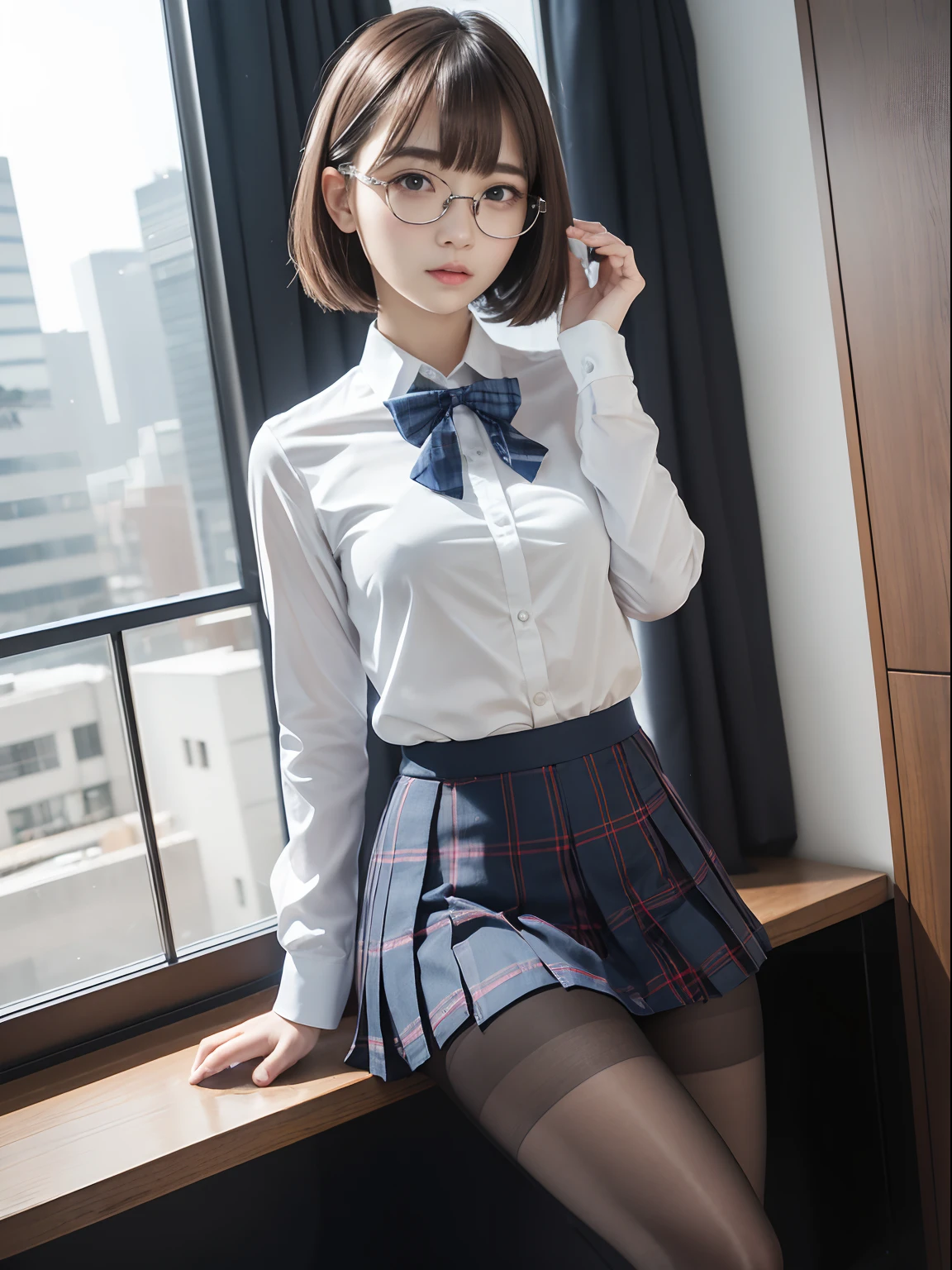 (Long bob cut)、(Underwear is visible)、((Narrow-eyed))、((Narrow-eyed))、((Narrow-eyed))、(8K、Raw photography、top-quality、​masterpiece：1.2),、Has a small、(flat breast)、(flat breast)、(flat breast)、(flat breast)、(flat breast)、(being thin)、light skinned、skin whitening、Dark look、Rasping,glamor,Chromo-white skin,cocky,School,watching at viewers,Looking at the front,Muchimuchi,High-pitched clothing,Erotic,Pupils,de pele branca,kne,((Black pantyhose)),absurderes,a small face,,Forehead visible,Bangs hanging from the left and right sides of the forehead,(a cold expression,Tight eyes,glares,Bullish,irate)、​masterpiece,top-quality、超A high resolution,Raw photo,ren,Beautiful fece,One Person, 独奏,eye glass,,Dark look,Small breasts,fullllbody,Round glasses,JK school uniform,hi-school girl,A Japanese Lady,is standing,（Photorealsitic：1.37）、Photon mapping,Realistic、Beautie,Cute little face,Brown-eyed、Black socks、(Red bow tie)、Radio City、Physically Based Rendering、depth of fields、Blurry background、a picture,Body,beauty legs, Long legs, Thin leg,(Bangs are visible), hair, s lips, Blue_The eye, nosesoft,(Light blue shirt), (Navy and blue and white plaid pleated skirt), Knees are visible,Sheer clothing,, Thigh, Black cotton socks,Nogizaka Idol, 女優, Japanese ido