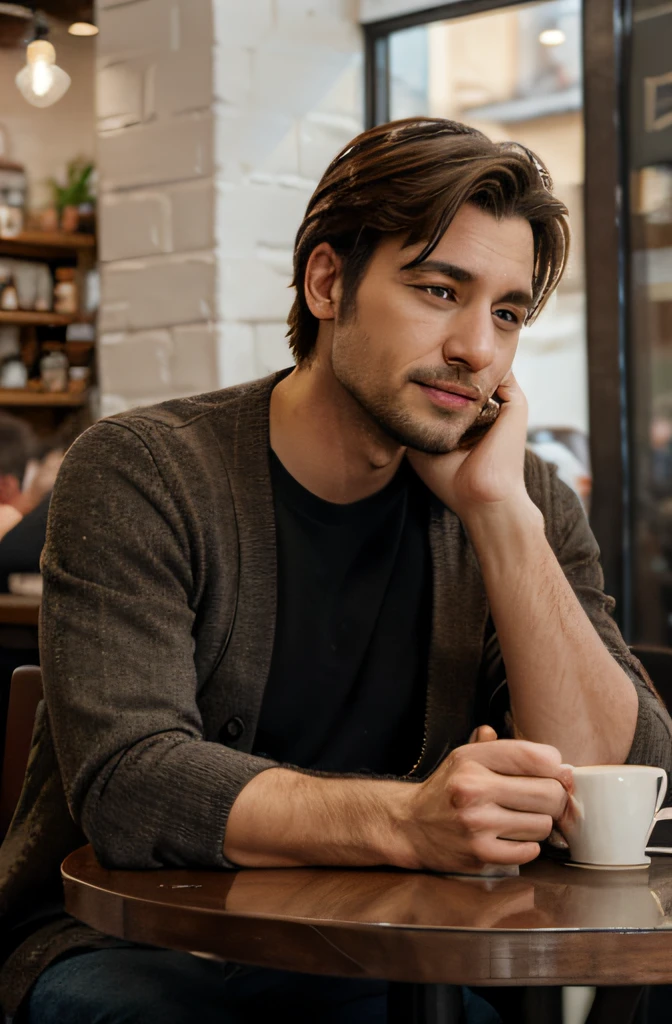 A man is talking in a cafe.
