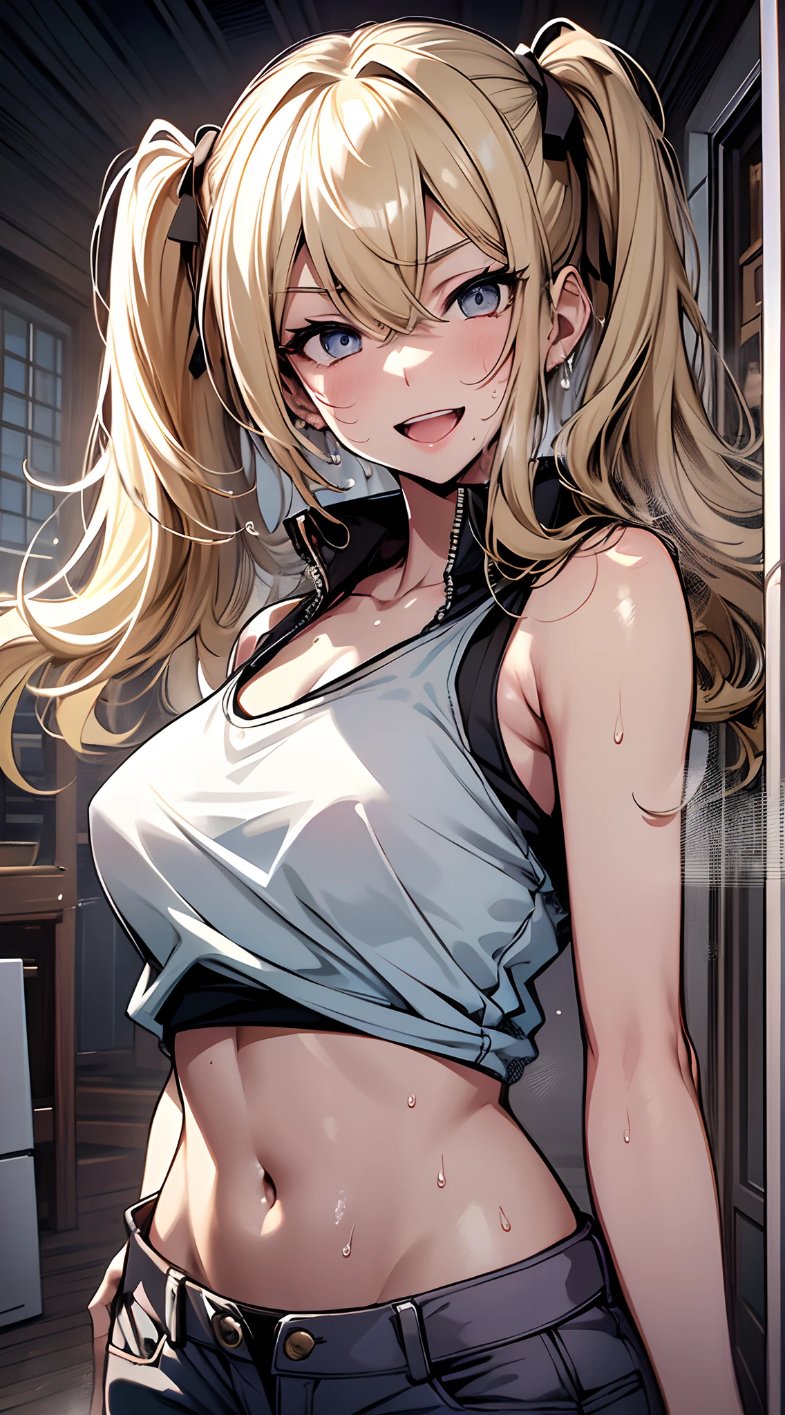 top-quality、supreme１People Girls,hightquality,A detailed face、A detailed eye、Detailed nose、Detailed mouth、 Beautiful expression, ((masuter piece)), ((High resolution)), ((Best Quality)), detail, (NSFW:1.4 ,cum faced、Excited face.Very happy,), ((Skin shiny with sweat)), (Tank Tops、hotpants)、 girl with, a blond, (Half Twin Tail)、Standing figure、fair white skin:1.3、、Smaller chest, cinmatic lighting, perfectly shaded,(((Entrance to the house))), Realistic lighting with shades,Reflecting the whole body