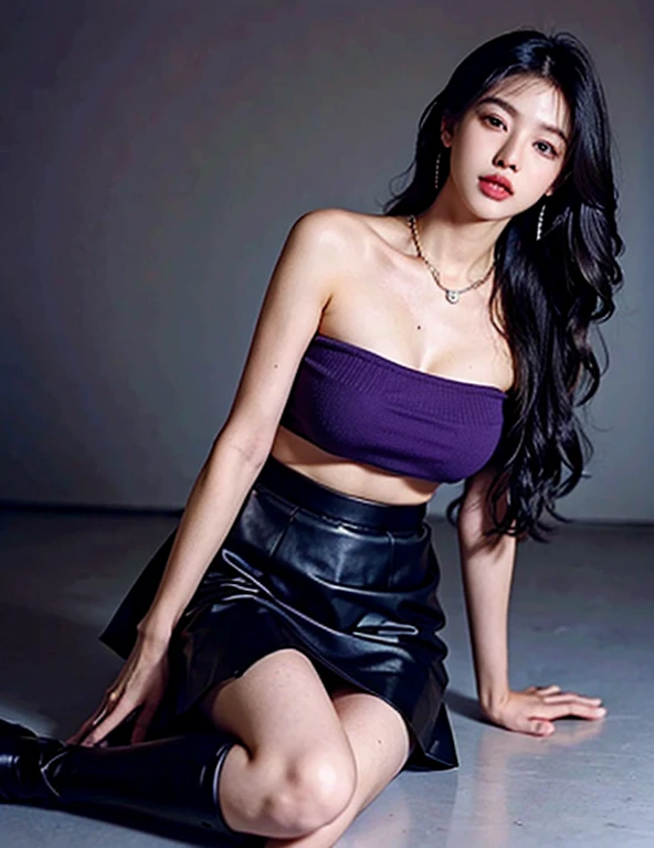 beautiful girl, Korean makeup, very long hair, Purple头发, Detailed lips, medium bust, Perfect body, PurpleT恤, T-shirt details, naked belly, Purple短裤, Purple, quần thigh gives bó sat, jumping position 舞者, stage scenery , LED lights, laser light, attractive pose,