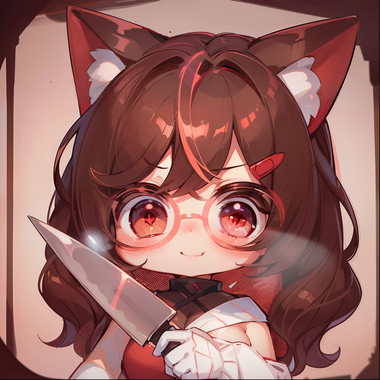 1 girl,Smile, blush, cleavage, ,brown hair, red eyes, red fingerless gloves,glowing aura, natural light, masterpiece, glossy skin, juicy lips ,long hair,holding knife, chibi