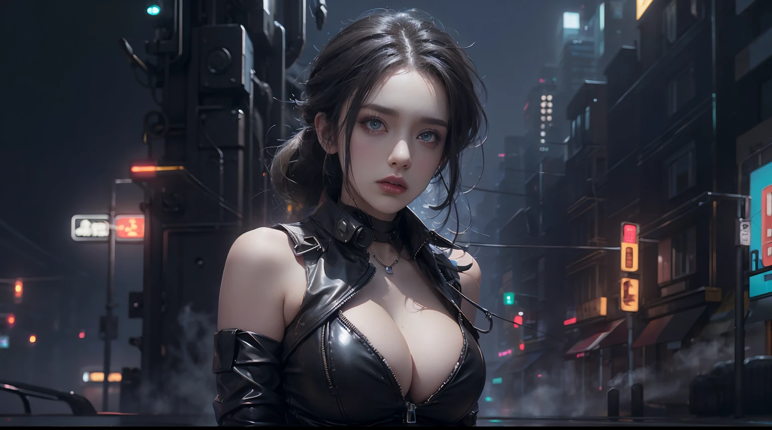 1 policeman,Solo,(3D realistic), Cold,mediuml breasts,(cleavage),tight leather clothes,cropped shoulders, hyper HD, 8K,dramatics,(Mid-range portrait),looking to the camera,The city of the future,street corner,the night,Sateen,volume fog,steamy,cyber punk perssonage