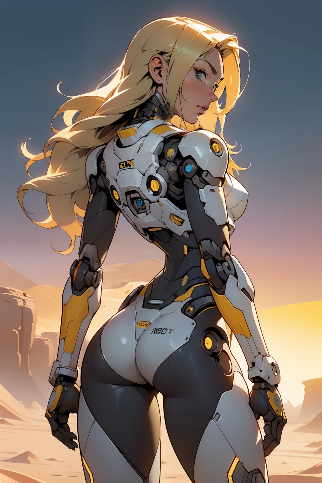 high quality, 4k, masterpiece, beautiful, cyborg girl, cowboy shot, dull eyes, back side, turning around to look at viewer, long blonde hair, girl, small breasts, fit thigh, robotic arms, robotic body, cyborg body, yellow accent, redaccent, intricate detail, joint, detailed lines, robotic detail, holding fist up, holding hand up as fist, color robotic parts, robotic parts with color, perfect fingers, on a desert planet, sunny background, colorful desert,