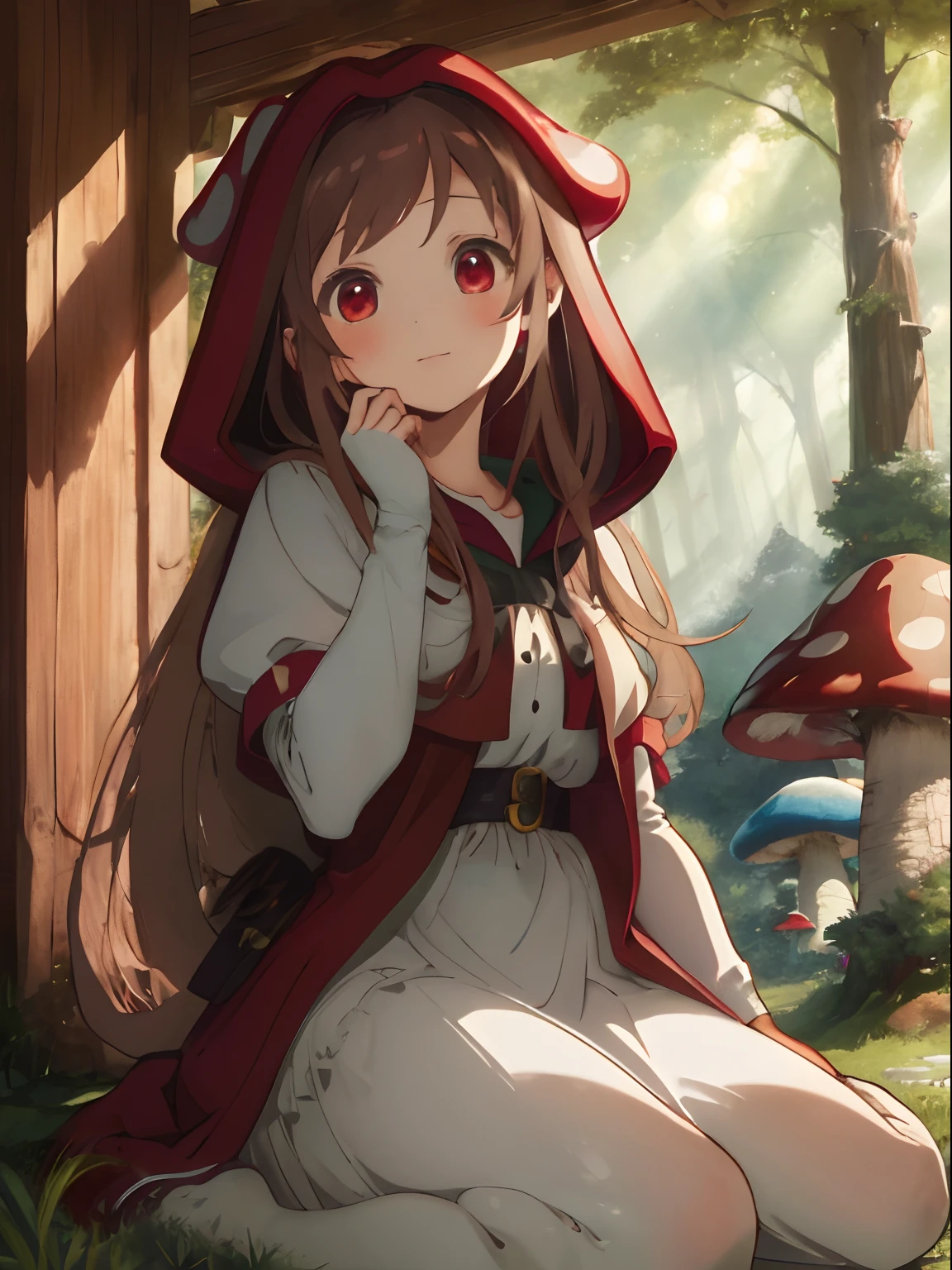 A world of fairy tales and wonderlands,House in the shape of a mushroom,strange shaped plants,The tree々forest where light shines in,Little Red Riding Hood,Wearing a red hood,big red poncho,White Dress,I have a big basket,Slightly red tide,fluffy light brown hair,werewolf behind,werewolf behind