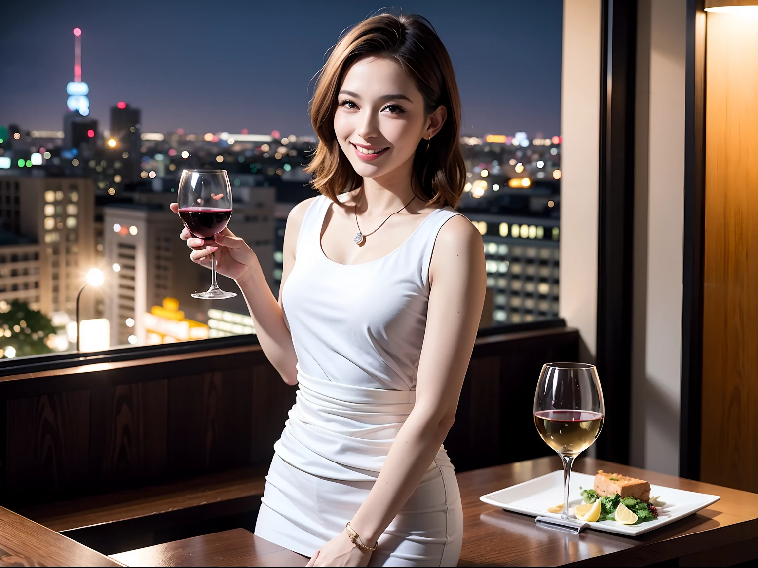 (64K, UHD, top quality, masterpiece: 1.2), (realistic, photorealistic: 1.37), super detailed, pretty woman 1 person, (slim face), (slim body), (brown hair), (short cut), cheeks slightly blushing, (41 years old), 38 years old, solo, outside the window is a beautiful detailed urban night view, restaurant, wine glasses sit, at night, in a prominent place (from the waist up) NovaFrogStyle, Actress, Model, Waist Up, White Wine, Slim, Wine Glass, Super Clean Night View, Wine Glass Put in the Middle, Happy Smile, (Smile: 1.15), Beautiful Fine Eyes, Upper Body, Bust Japan Up, Night, Short, Short, Actress, Model, Waist Up, White Wine, Slim, Wine Glass, Super Clean Night View, Wine Glass Put in the Middle, Happy Smile,