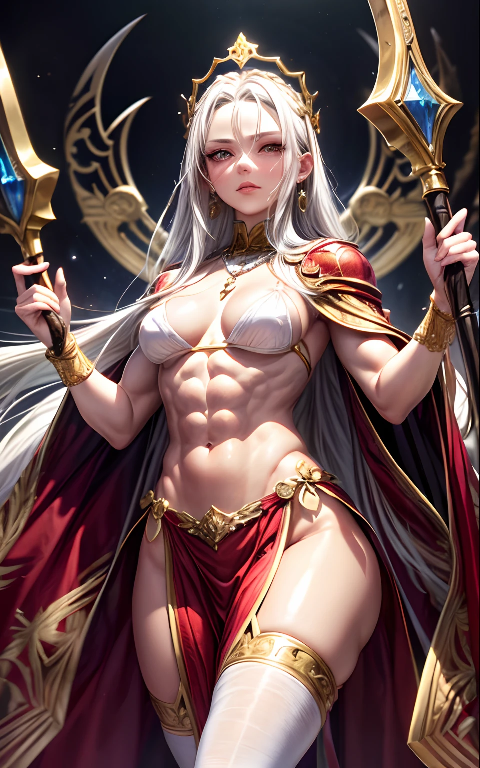 empress Edelgard standing, thrown in background, centered framing, surreal background, full decorative red and gold armor, red cape with collar, armored cape, jeweled armor, jeweled golden crown, decorative crown, crown with ram horns, short armored skirt, decorative axe held backwards, golden axe, jeweled axe, (((Multicolor Hair, [White Hair])))), Ultra Realistic 8k CG, Perfect Face, Flawless, Bright Golden Eyes, Clean, Masterpiece, Professional Artwork, Famous Art, Cinematic Lighting, Perfect Face , beautiful face, beautiful eyes, (((perfect female body, narrow waist, broad chest, broad shoulders, slim muscles, toned muscles))), beautiful queen, royal, divine, goddess, (royal palace), fantasy, dreamlike, unreal, sci-fi, (small breasts, tiny breasts, flat chest), delicate jewelry , red and gold armor, absurdly long hair, very long hair, (rich: 1.4), prestige, luxury, jewelry, diamond, gold, pearl, gem, sapphire, ruby, emerald, intricate detail, delicate pattern, sexy, enchanting, alluring, alluring, erotic, enchanting, hair ornament, necklace, earrings, bracelet, bangle, looking at viewer, Unbeatable Masterpiece, Ultra Realistic 8k CG, Perfect Art, Super Detailed Rendering, Masterpiece, High Quality, High Resolution, Detail maniac, High Definition, High Quality, Detailed Face, Detailed Body Limbs, blush, white stockings, , well-detailed breasts, muscular chest, slim waist, toned abs, muscular quads, muscular lats, bright golden eyes, messiah lighting, confident pose, powerful pose, scattered hair, dynamic shot