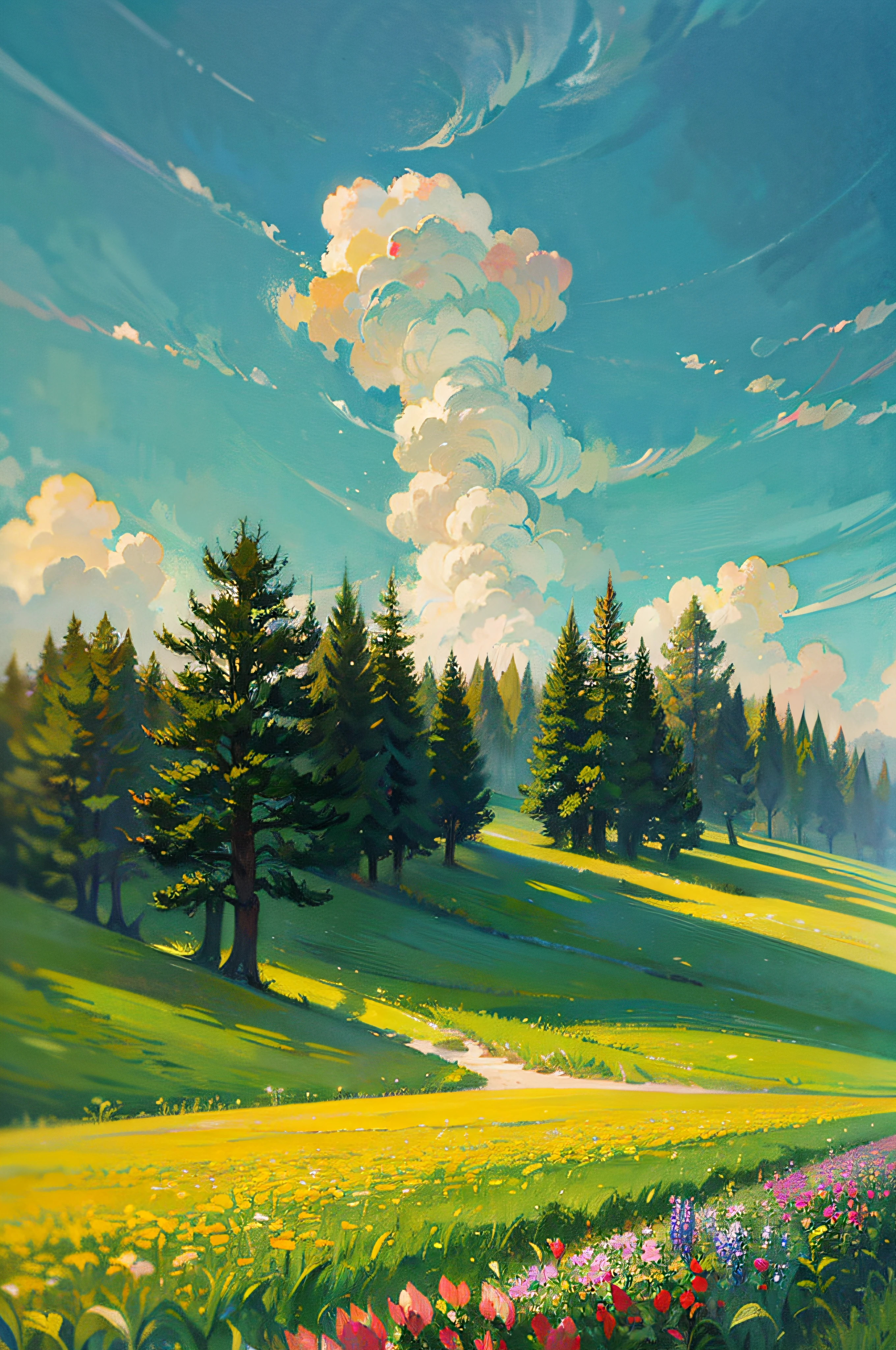 Watercolor painting, a blooming flower, in a serene meadow, panoramic shot, Impressionism, Claude Monet. --auto