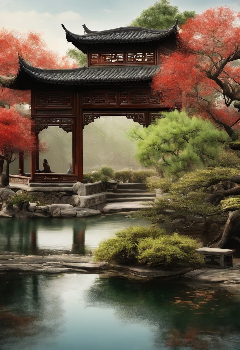 Chinese,Chinese garden,Traditional Chinese painting,Ancient rhyme Jiangnan,Yamakawa,Cypress,Pavilions,Leave white space,elegant