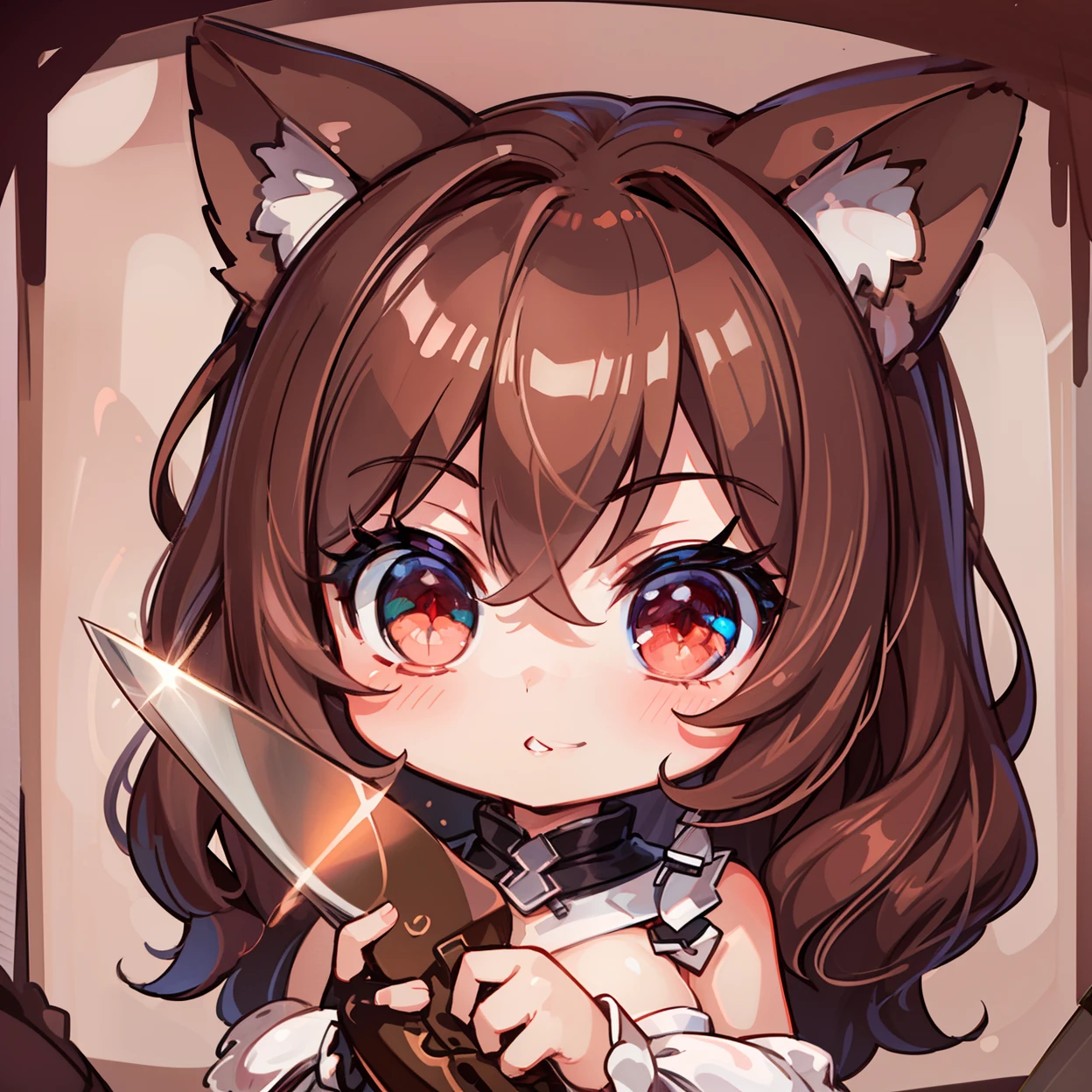 1 girl,Smile, blush, cleavage, ,brown hair, red eyes, red fingerless gloves,glowing aura, natural light, masterpiece, glossy skin, juicy lips ,long hair,holding knife, chibi