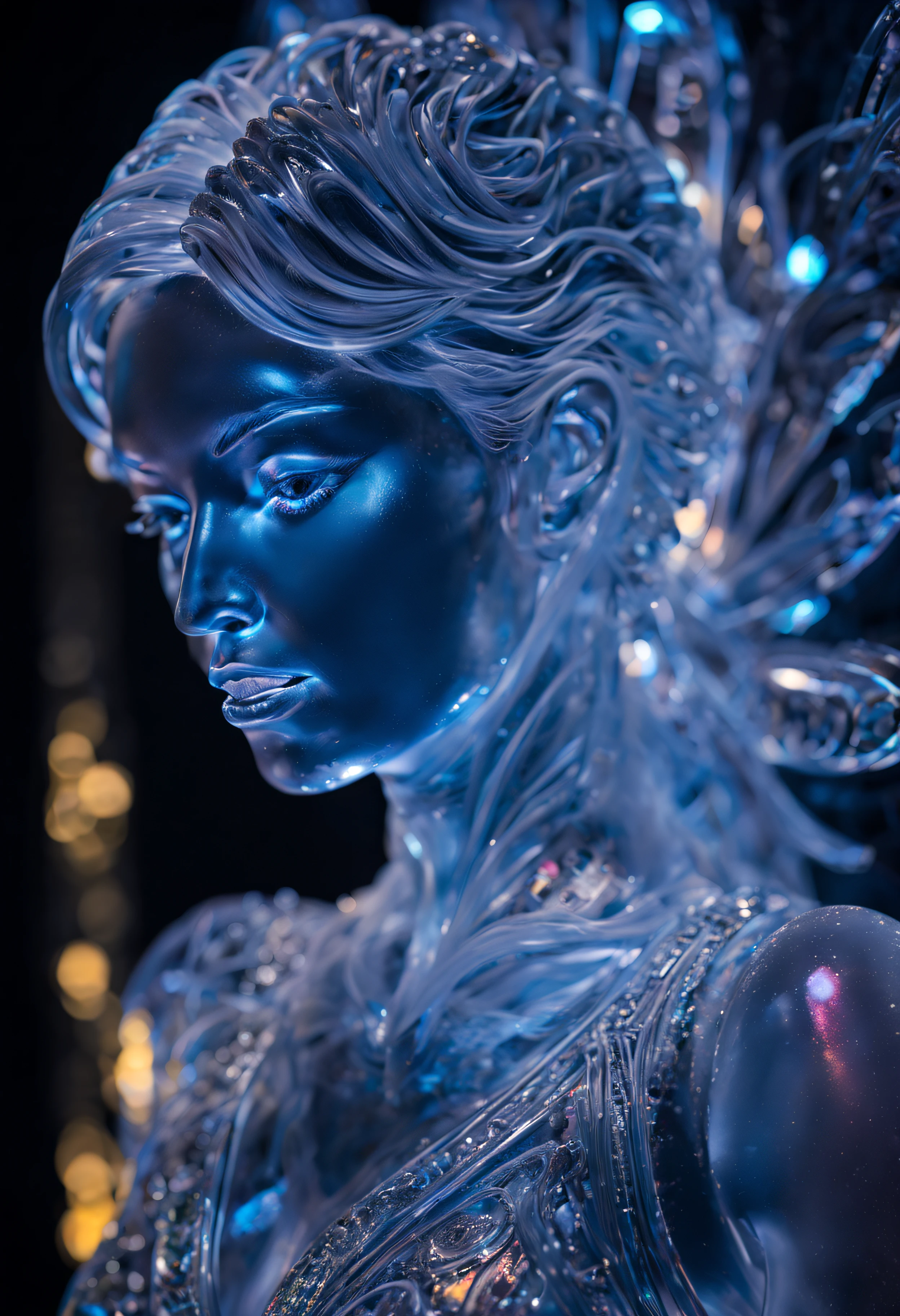 Ice sculpture a picture of a (3DMM picture of a woman, (3 d depth of field: 1.4)) in a 3 d picture frame, 3DMM frame of lights, illusion of disappearing to infinity, RGB led point lights disappear inward from edge, infinity mirror, 3 d neon art of a womens body, psychedelic photoluminescent, vivid!!, psychedelic lighting, psychedelic black light, by Jon Coffelt, lsd visuals, neon version of style jim burns, ledspace, skin made of led point lights, RGB led effects, Ray tracing, high quality, highly detailed, 8k, professional, sharp, RAW photo, realistic, (cinematic lighting:1.3), Fujifilm XT3, (sharpen light:1.2), (intricate shadows:1.3), translucent, octane render, volumetrics dtx