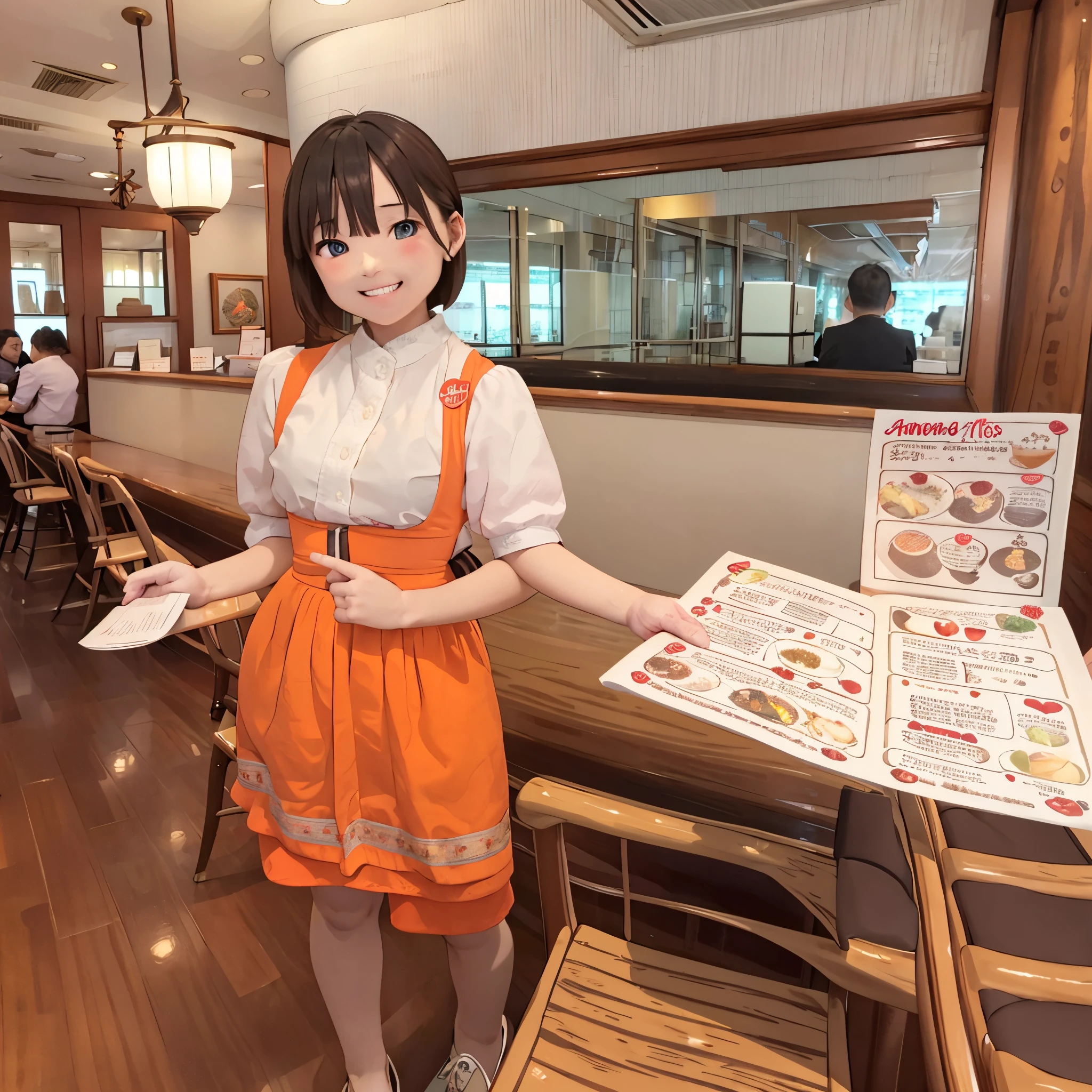 of the best quality, super-detailed, illustrations,
AMTS, American Superconductor Corporation, 独奏, waitress, smiling, restaurant, indoors, look at viewer, 1女孩, Short hair, grin, Orange skirt, orange apron, chair, shirt, holding, menu, table,
