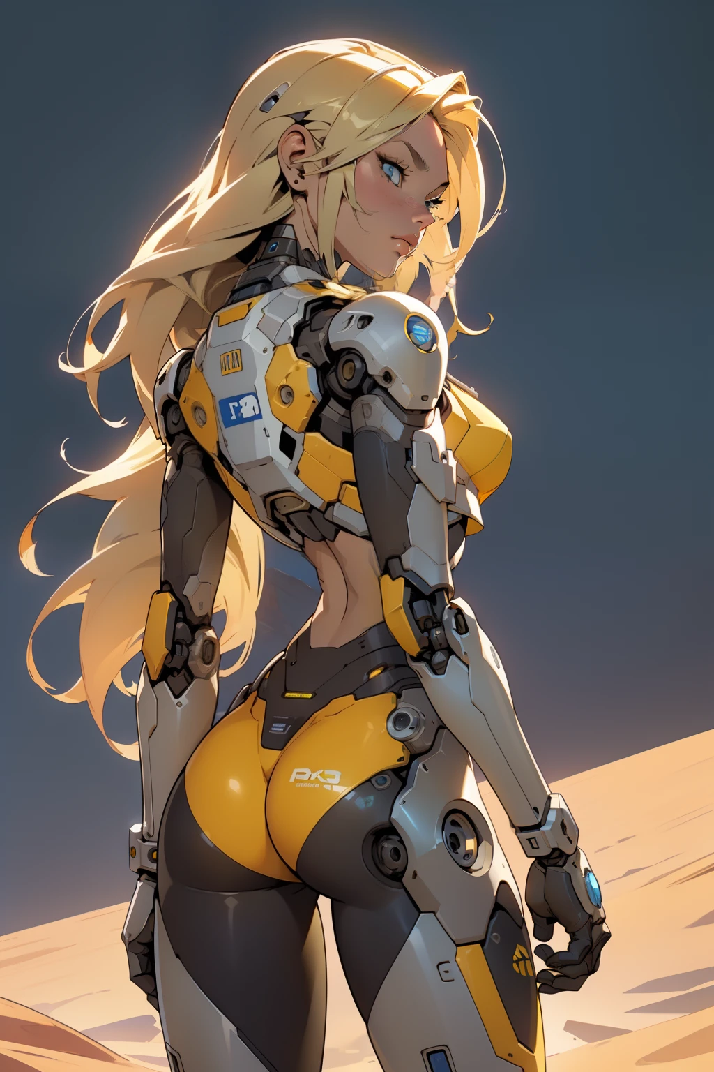 high quality, 4k, masterpiece, beautiful, cyborg girl, cowboy shot, dull eyes, back side, turning around to look at viewer, long blonde hair, girl, small breasts, fit thigh, robotic arms, robotic body, cyborg body, yellow accent, redaccent, intricate detail, joint, detailed lines, robotic detail, holding fist up, holding hand up as fist, color robotic parts, robotic parts with color, perfect fingers, on a desert planet, sunny background, colorful desert,