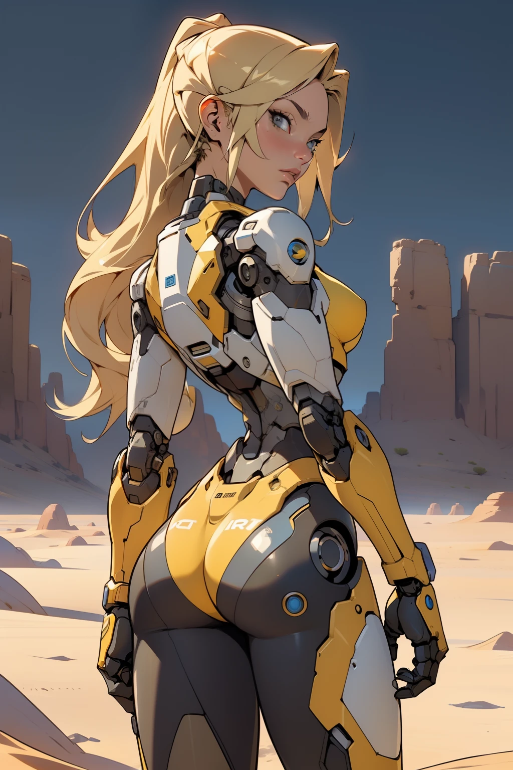 high quality, 4k, masterpiece, beautiful, cyborg girl, cowboy shot, dull eyes, back side, turning around to look at viewer, long blonde hair, girl, small breasts, fit thigh, robotic arms, robotic body, cyborg body, yellow accent, redaccent, intricate detail, joint, detailed lines, robotic detail, holding fist up, holding hand up as fist, color robotic parts, robotic parts with color, perfect fingers, on a desert planet, sunny background, colorful desert,