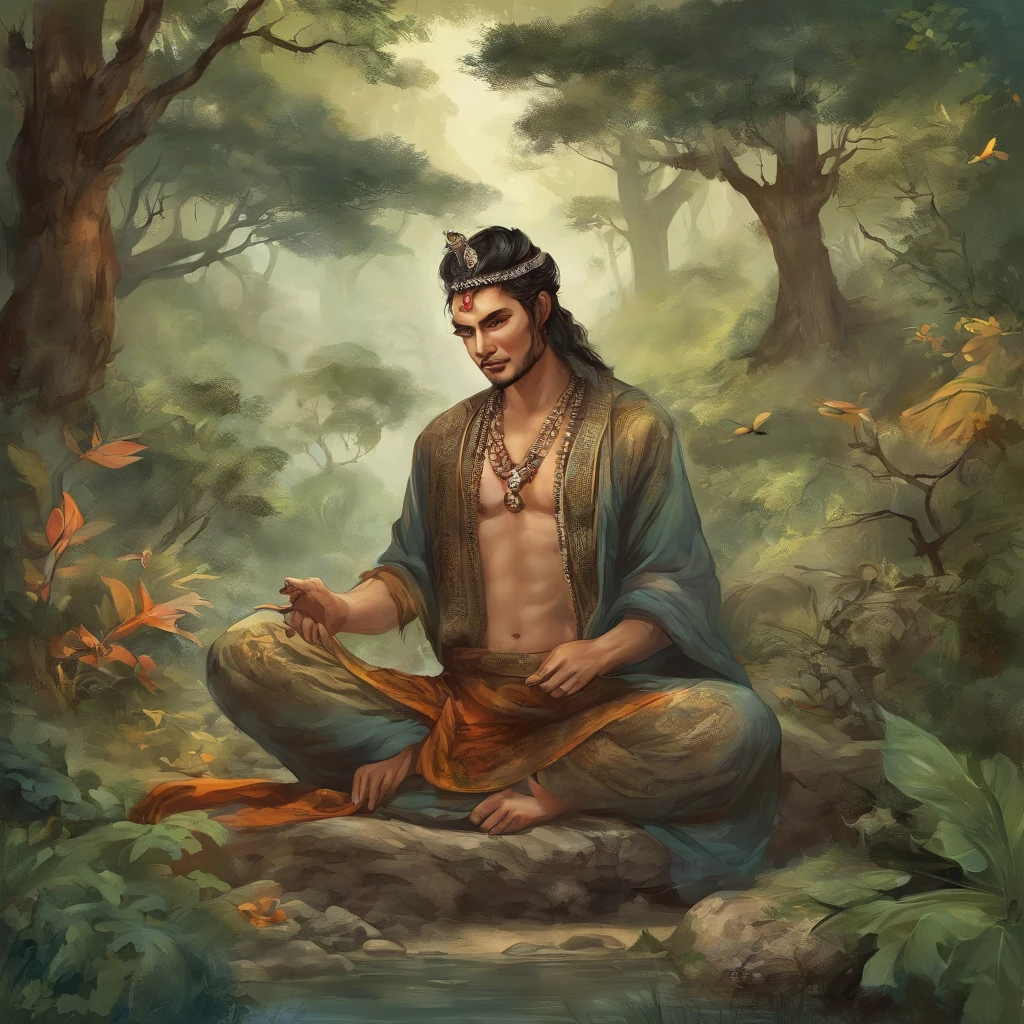 a beautiful man, Men and Tarzan clothes, King of the Forest, male beauty, stark, Salado and Atletico Madrid, it has a forest as a background,Featuring intricate details of Japanese forest paintings, By scope Murata Works, galaxy in background, clouds, vivd colour, hight contrast, mont, vector line art, orange highlights, trending on pixiv, anime concept art, Stick, carpets, high high quality, edge-to-edge, Sanskrit