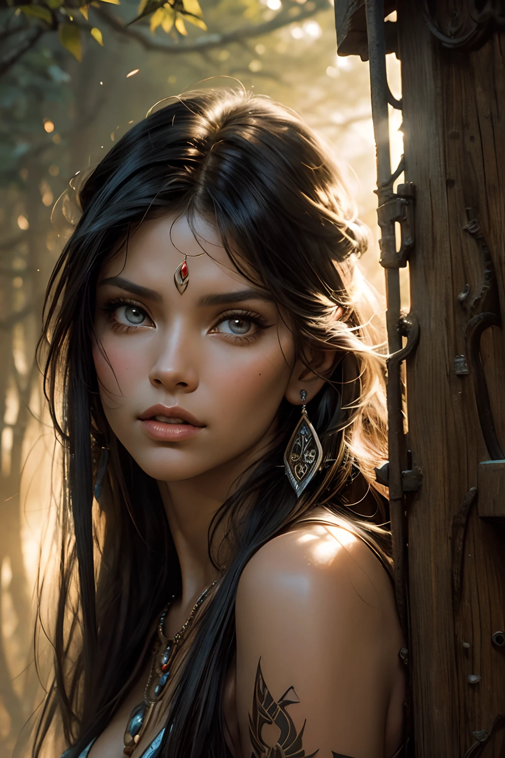 Capture a stunning Retro-style photograph of Disney's Pocahontas adorned in her tribal outfit, reminiscent of Charisma Carpenter. Let the warm, natural lighting accentuate her delicate features, creating a lifelike scene. Use a 50mm lens to focus on her mesmerizing eyes, radiating beauty and strength. The image should be high-resolution, with detailed textures and muted colors, embodying the essence of Luis Royo's illustrative style. Bring together the timeless allure of Pocahontas and the nostalgic charm of Retro aesthetics to create a captivating portrait. --ar 16:9 --v 5.2