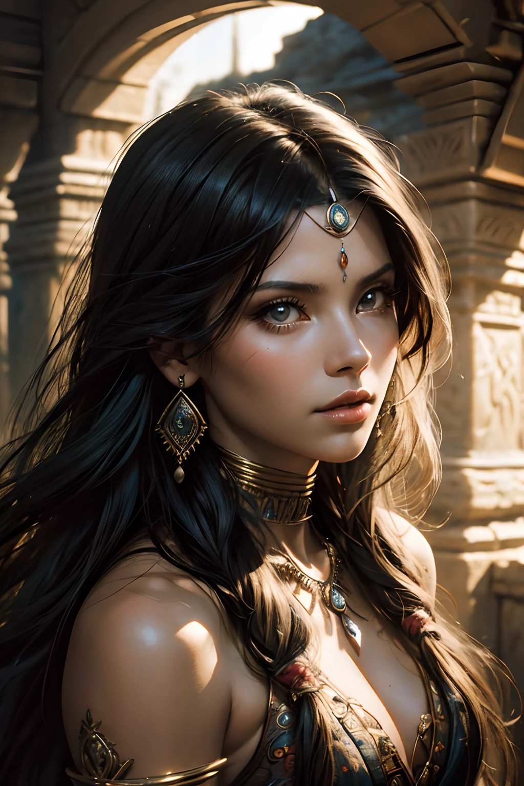 Capture a stunning Retro-style photograph of Disney's Pocahontas adorned in her tribal outfit, reminiscent of Charisma Carpenter. Let the warm, natural lighting accentuate her delicate features, creating a lifelike scene. Use a 50mm lens to focus on her mesmerizing eyes, radiating beauty and strength. The image should be high-resolution, with detailed textures and muted colors, embodying the essence of Luis Royo's illustrative style. Bring together the timeless allure of Pocahontas and the nostalgic charm of Retro aesthetics to create a captivating portrait. --ar 16:9 --v 5.2