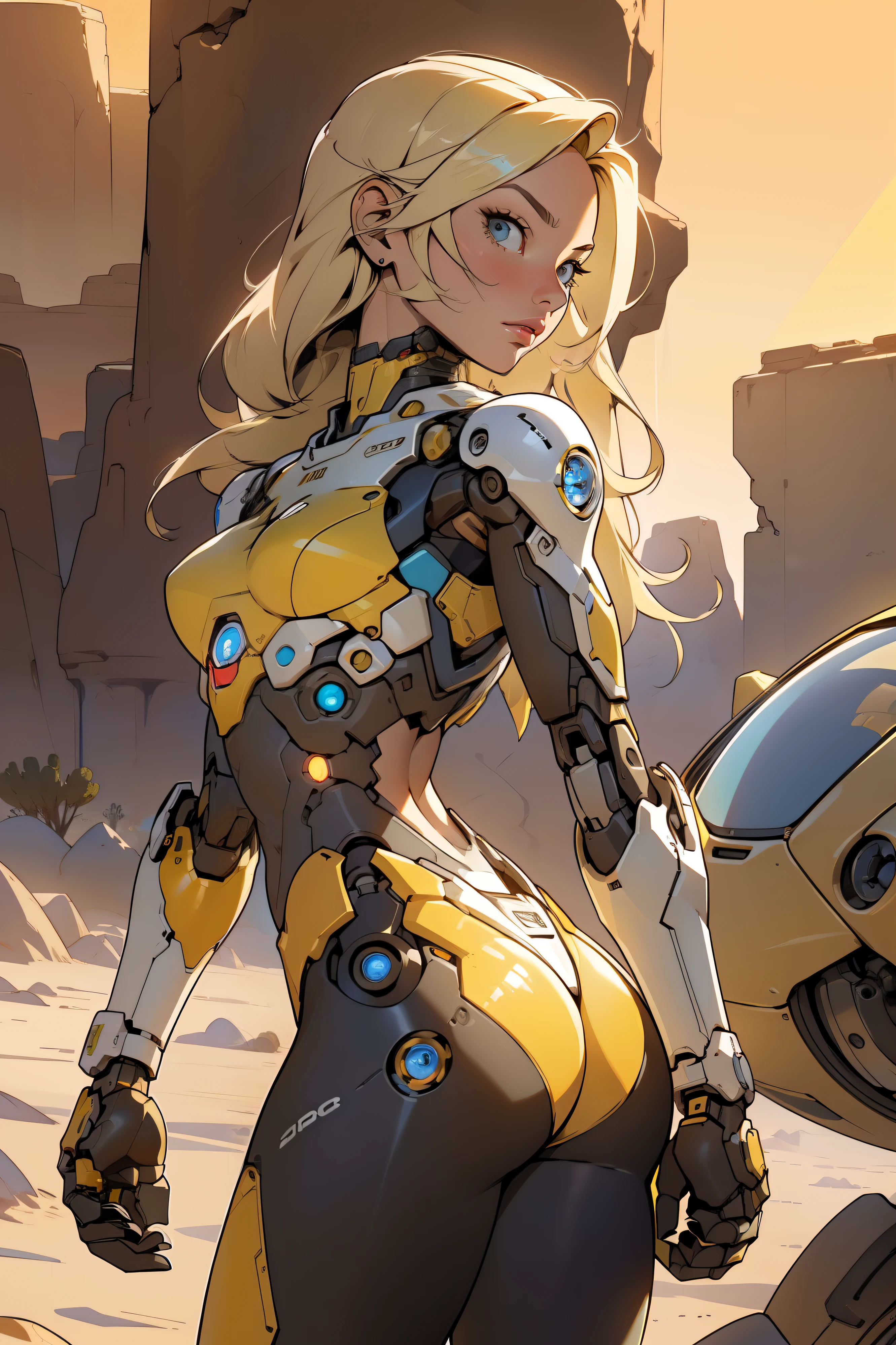 high quality, 4k, masterpiece, beautiful, cyborg girl, cowboy shot, dull eyes, back side, turning around to look at viewer, long blonde hair, girl, small breasts, fit thigh, robotic arms, robotic body, cyborg body, yellow accent, redaccent, intricate detail, joint, detailed lines, robotic detail, holding fist up, holding hand up as fist, color robotic parts, robotic parts with color, perfect fingers, on a desert planet, sunny background, colorful desert,