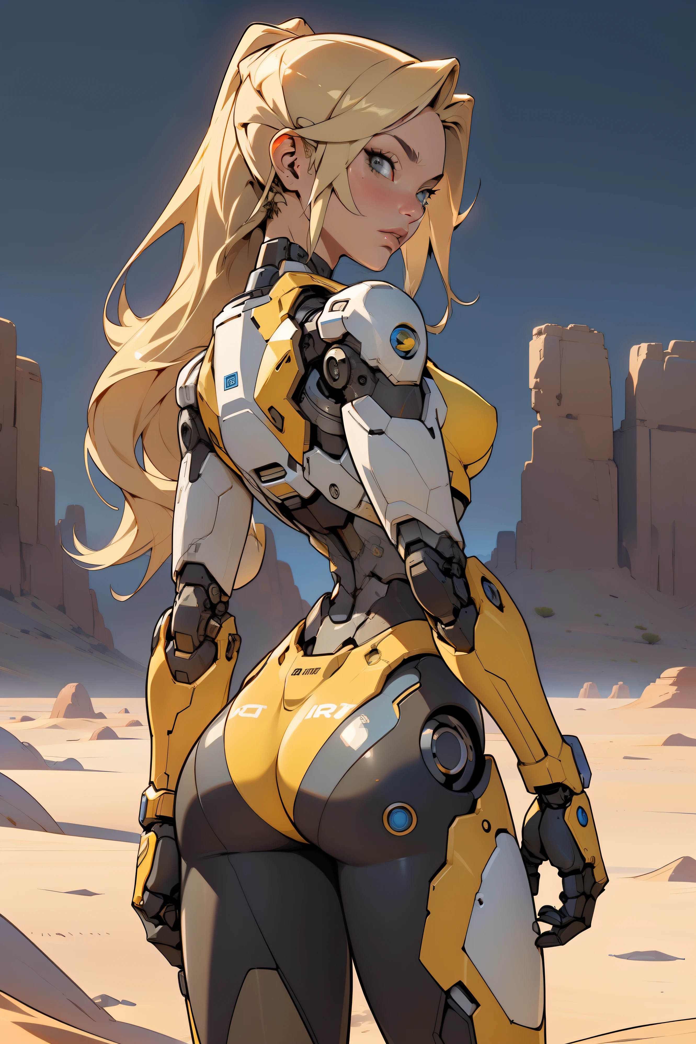 high quality, 4k, masterpiece, beautiful, cyborg girl, cowboy shot, dull eyes, back side, turning around to look at viewer, long blonde hair, girl, small breasts, fit thigh, robotic arms, robotic body, cyborg body, yellow accent, red accent, intricate detail, joint, detailed lines, robotic detail, 1fist on hip, color robotic parts, robotic parts with color, perfect fingers, on a desert planet, sunny background, colorful desert,
