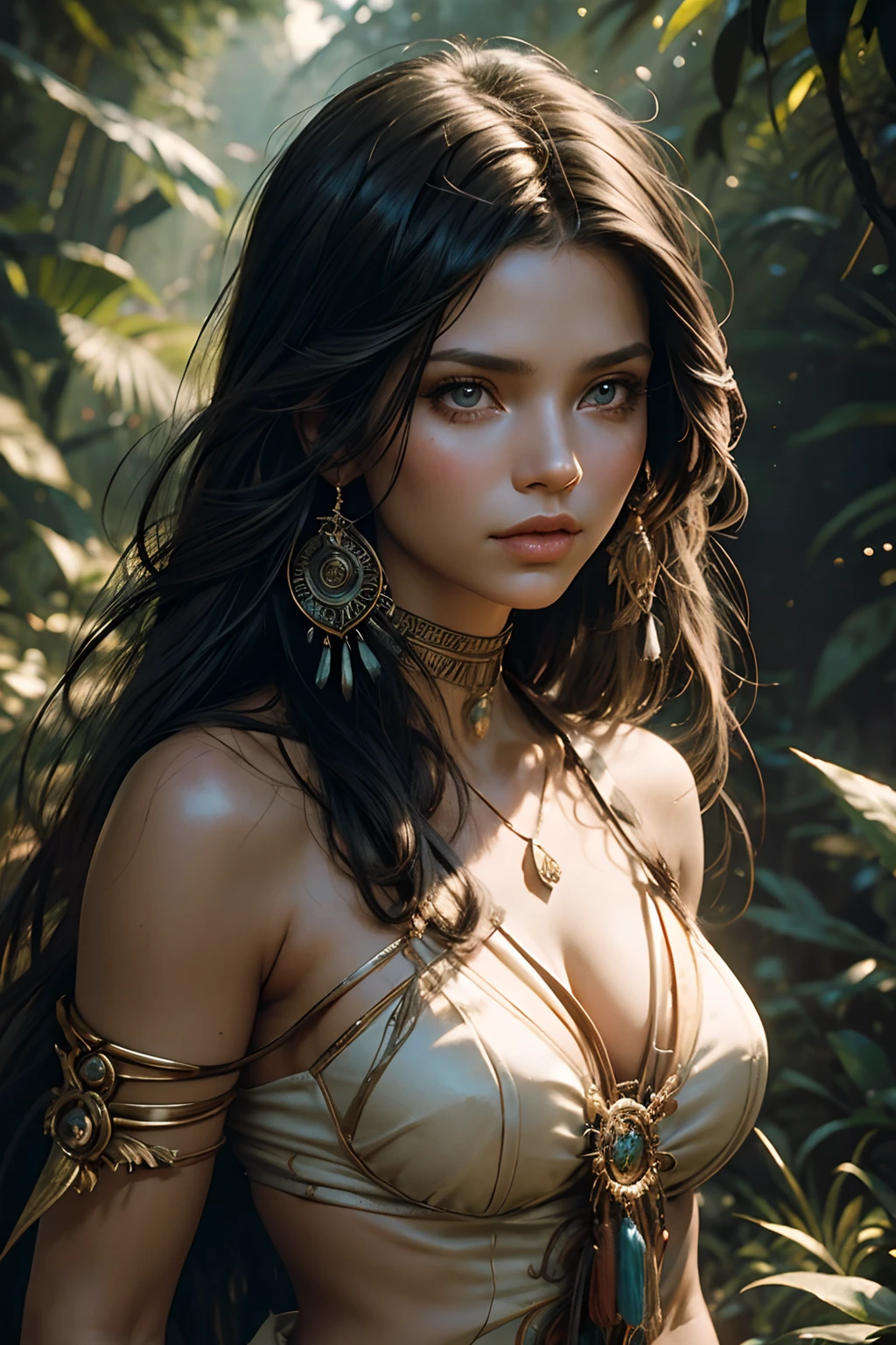 Capture a stunning Retro-style photograph of Disney's Pocahontas adorned in her tribal outfit, reminiscent of Charisma Carpenter. Let the warm, natural lighting accentuate her delicate features, creating a lifelike scene. Use a 50mm lens to focus on her mesmerizing eyes, radiating beauty and strength. The image should be high-resolution, with detailed textures and muted colors, embodying the essence of Luis Royo's illustrative style. Bring together the timeless allure of Pocahontas and the nostalgic charm of Retro aesthetics to create a captivating portrait. --ar 16:9 --v 5.2