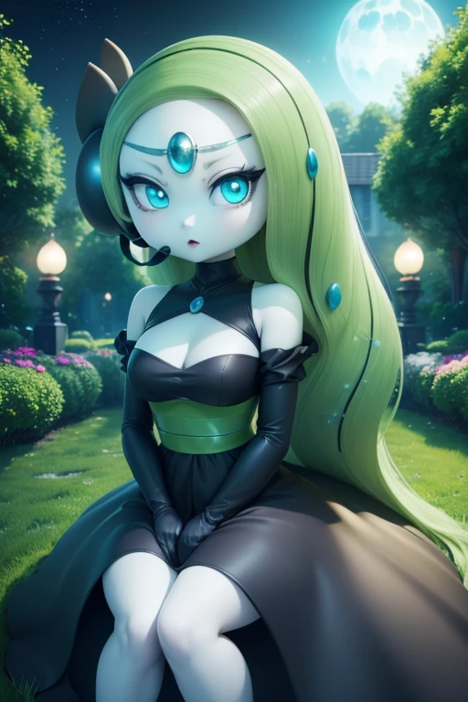 (best quality, 4k, 8k, high resolution, masterpiece: 1.2), (ultra detailed), (anime style), 1girl, meloetta, pokemon \(creature\), mobface, blue eyes, chibi, :D, full body, black dress, green waist, (garden at night), (mystical glow all around), portraits, anime, sharp focus, vivid colors, HDR