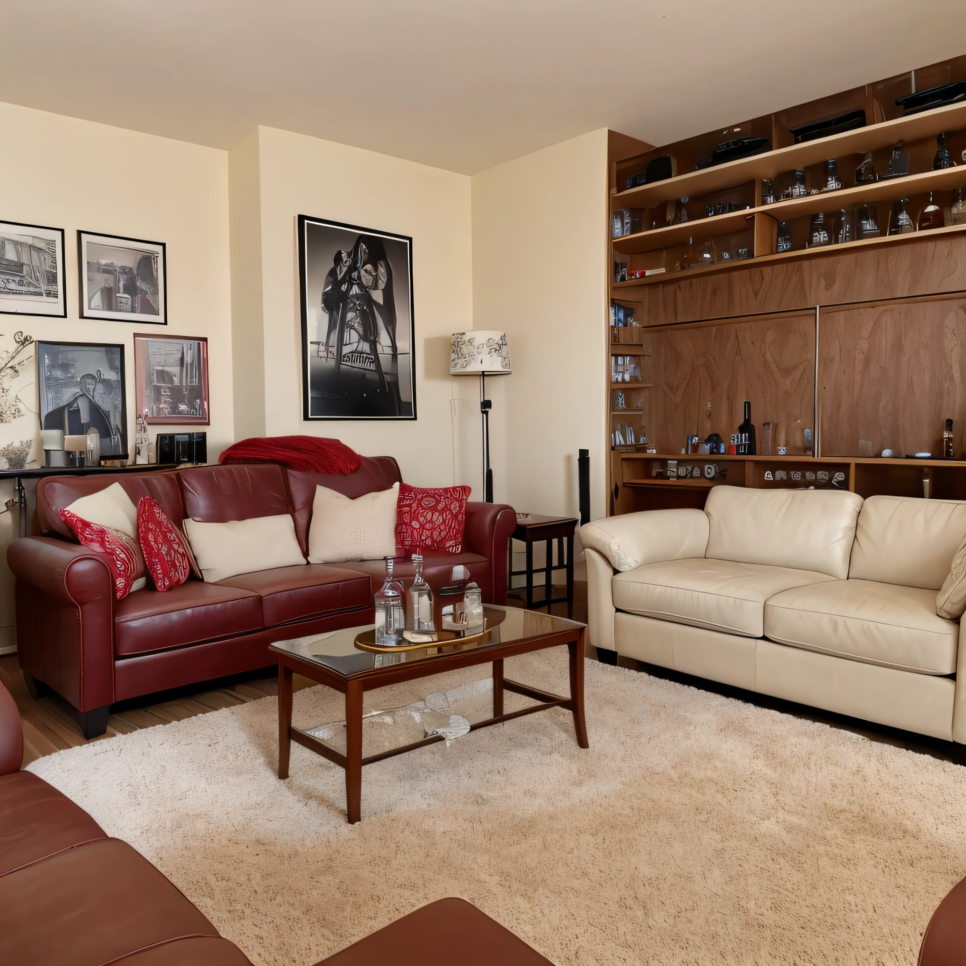 Photo of the interior. A leather beige sofa is against the wall, a red lace bra and panties are lying on the sofa. Next to the sofa is a stool with a half-empty bottle of whiskey, a half-empty whiskey glass and an ashtray full of sugars butts. On the wall behind the sofa is a large art erotic photograph in a white frame.