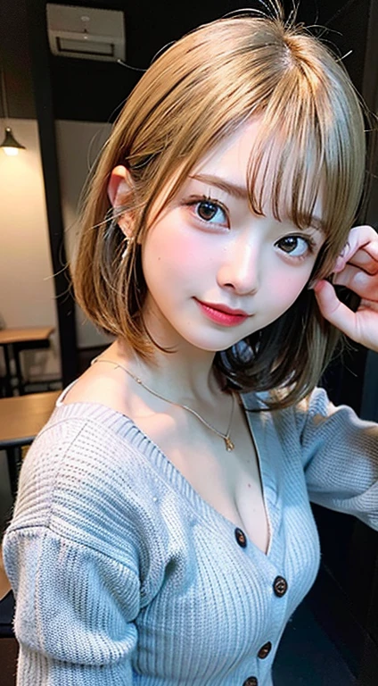 (8k, RAW Photos:1.2)Detailed face and eyes,最high quality, Ultra-high resolution, Very detailed ,Intricate details ,Tabletop ,pretty girl , Soft cinematic light, Hyper Detail,Sharp focus, high quality, Blonde, Bobcut,  outside,Knitted dress, Photographed inside the cafe, Stylish cafe