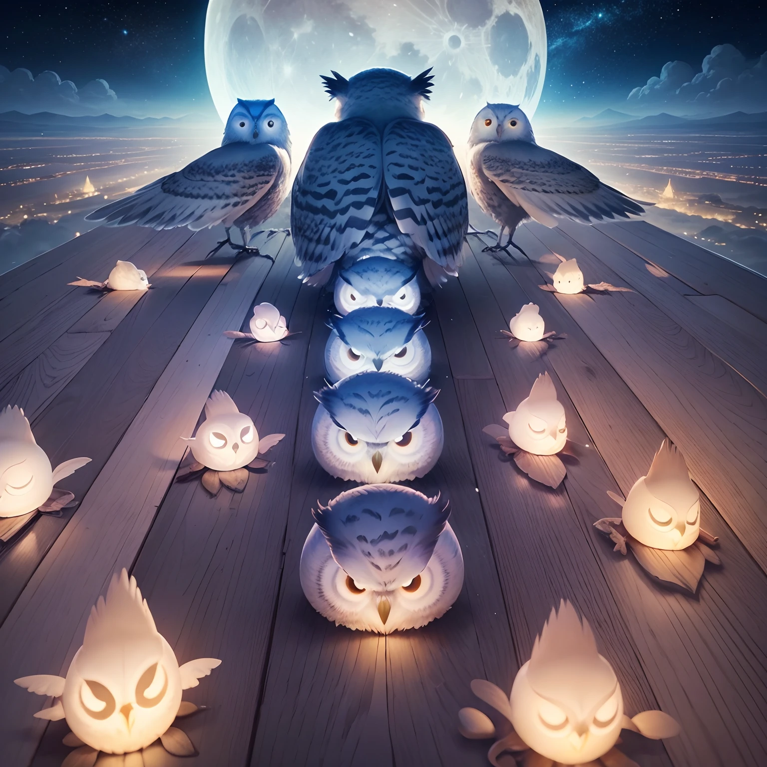 7 owls flying under the sky, Earth top view, sky with cloudy and wind, night background, light from moon and star, light effect fantasy, pastel color, studio ghibli anime, owl draw by studio ghibli.