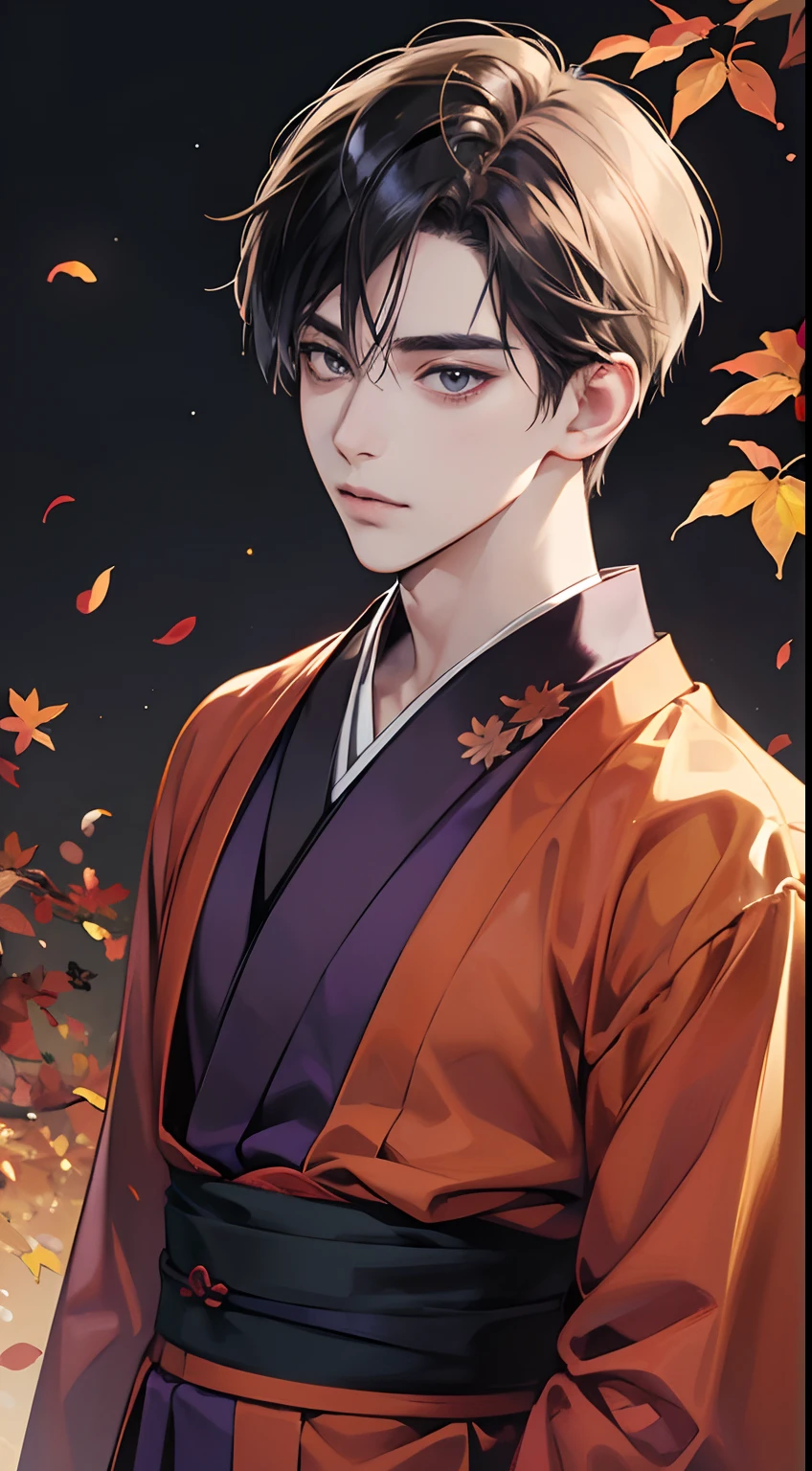 (masutepiece:1.3),(Best Quality:1.2),8K,absurderes,(Extremely detailed:1.3),highest grade,(1boy:1.2),Portrait,Shirt, Short hair, Very short hair,Piercing、Looking at the camera、He is wearing a delicate and cool dark purple men&#39;s kimono.、The background is a night of delicate and beautiful autumn leaves in Japan........、Dark night background、Fantastical