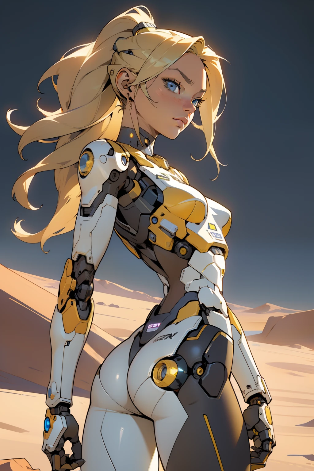 high quality, 4k, masterpiece, beautiful, cyborg girl, cowboy shot, dull eyes, back side, turning around to look at viewer, long blonde hair, girl, small breasts, fit thigh, robotic arms, robotic body, cyborg body, yellow accent, redaccent, intricate detail, joint, detailed lines, robotic detail, holding fist up, holding hand up as fist, color robotic parts, robotic parts with color, perfect fingers, on a desert planet, sunny background, colorful desert,