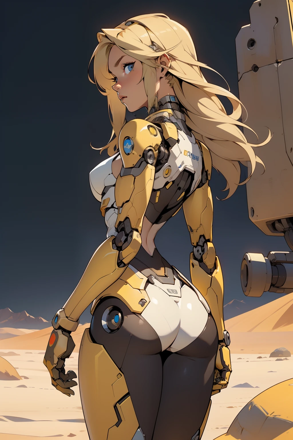 high quality, 4k, masterpiece, beautiful, cyborg girl, cowboy shot, dull eyes, back side, turning around to look at viewer, long blonde hair, girl, small breasts, fit thigh, robotic arms, robotic body, cyborg body, yellow accent, redaccent, intricate detail, joint, detailed lines, robotic detail, holding fist up, holding hand up as fist, color robotic parts, robotic parts with color, perfect fingers, on a desert planet, sunny background, colorful desert,