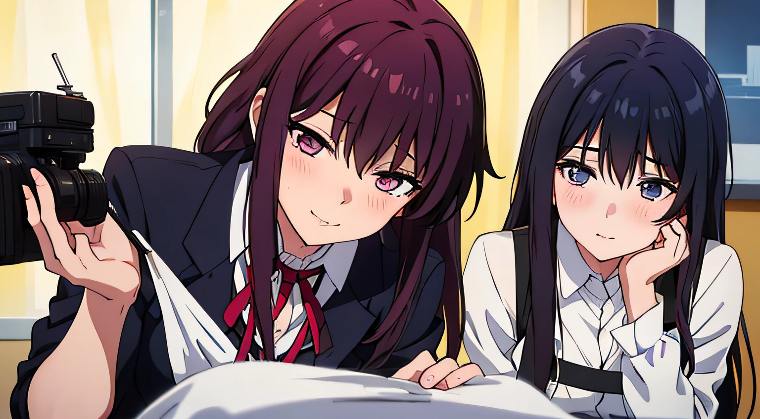 2 girls with different profession, one of them is business woman, and the other is a doctor with stethoscope on her neck, long hair, lay on bed, shy, blush on their face, teasing at the camera, camera angle from floor, looking at viewers, full body, best quality, masterpiece