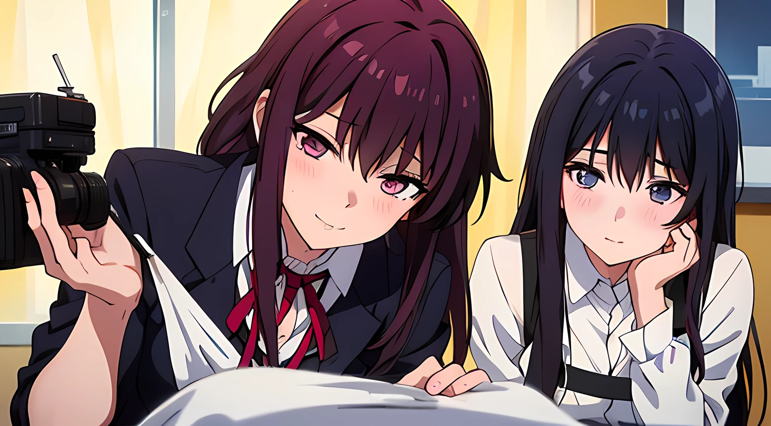 2 girls with different profession, one of them is business woman, and the other is a doctor with stethoscope on her neck, long hair, lay on bed, shy, blush on their face, teasing at the camera, camera angle from floor, looking at viewers, full body, best quality, masterpiece