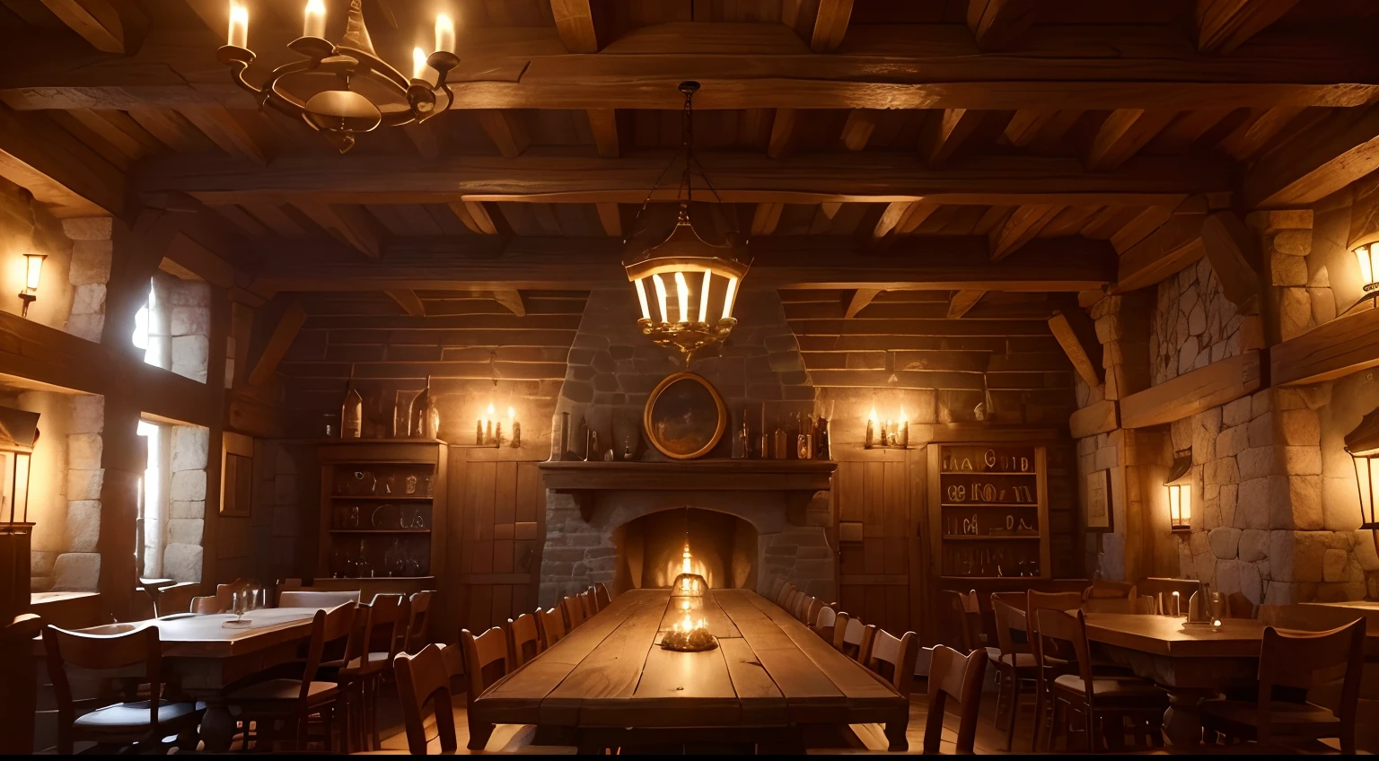 (best quality,highres,ultra-detailed,8k,masterpiece:1.2),artwork,medieval-themed tavern,warm and cozy atmosphere,wooden tables,wooden bar,evening ambiance, flickering candlelight, stone walls, decorative tapestries, rustic charm, dimly lit room, hunting trophies on the walls