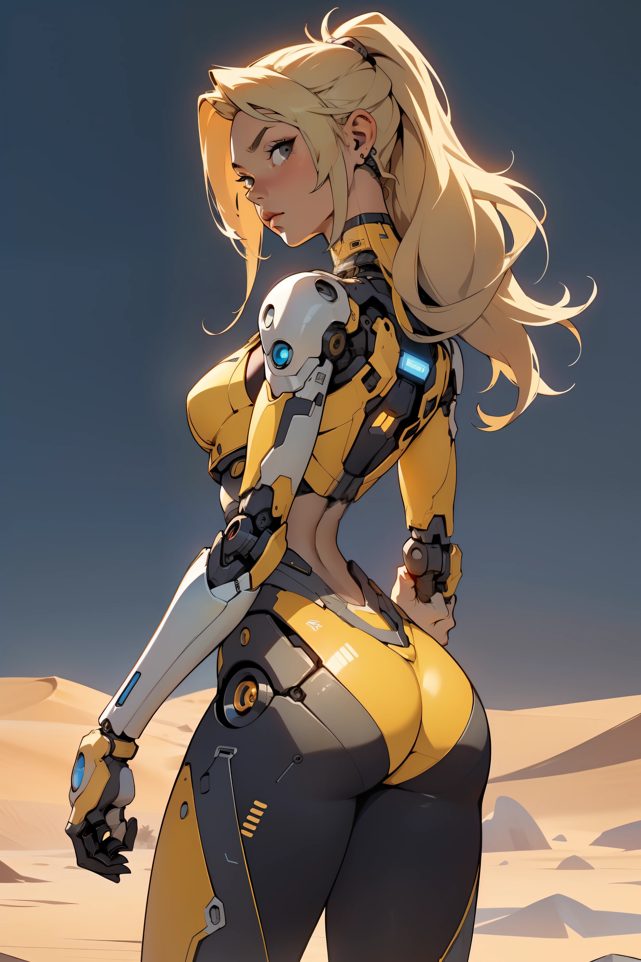 high quality, 4k, masterpiece, beautiful, cyborg girl, cowboy shot, dull eyes, back side, turning around to look at viewer, long blonde hair, girl, small breasts, fit thigh, robotic arms, robotic body, cyborg body, yellow accent, redaccent, intricate detail, joint, detailed lines, robotic detail, holding fist up, holding hand up as fist, color robotic parts, robotic parts with color, perfect fingers, on a desert planet, sunny background, colorful desert,