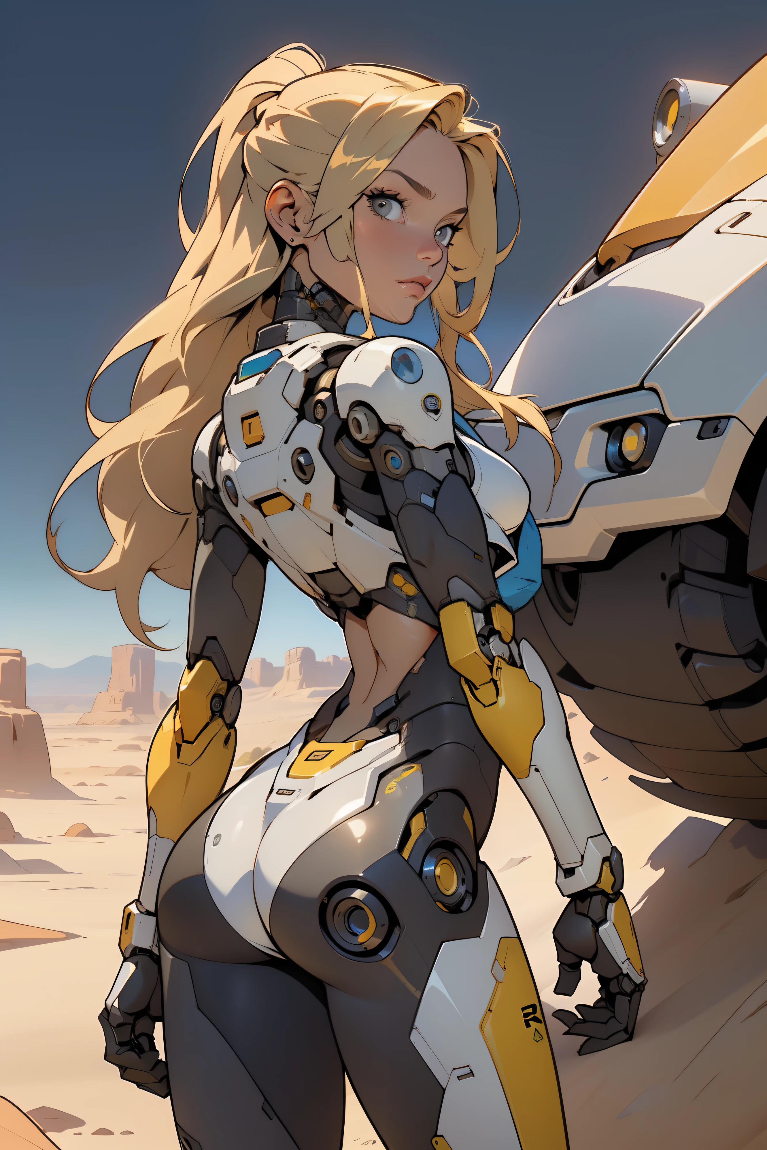 high quality, 4k, masterpiece, beautiful, cyborg girl, cowboy shot, dull eyes, back side, turning around to look at viewer, long blonde hair, girl, small breasts, fit thigh, robotic arms, robotic body, cyborg body, yellow accent, redaccent, intricate detail, joint, detailed lines, robotic detail, holding fist up, holding hand up as fist, color robotic parts, robotic parts with color, perfect fingers, on a desert planet, sunny background, colorful desert,