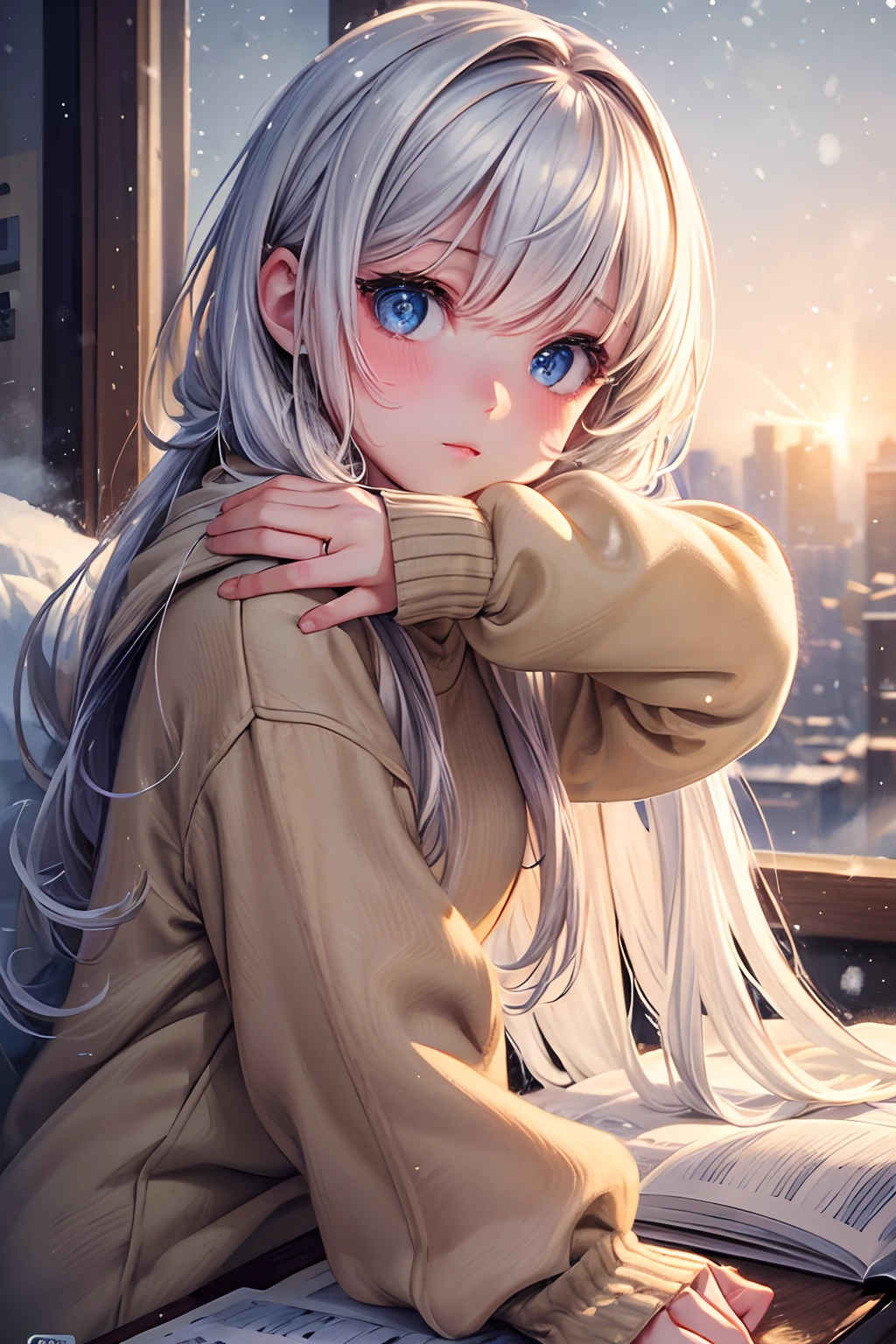 winter, beige sweater, snow, solo, girl, ((illustration, dynamic angle, best quality, masterpiece:1.2)), ultra-detailed, HDR, UHD, studio lighting, ultra-fine painting, sharp focus, physically-based rendering, extreme detail description, professional, bokeh, portraits, landscape, pastel color