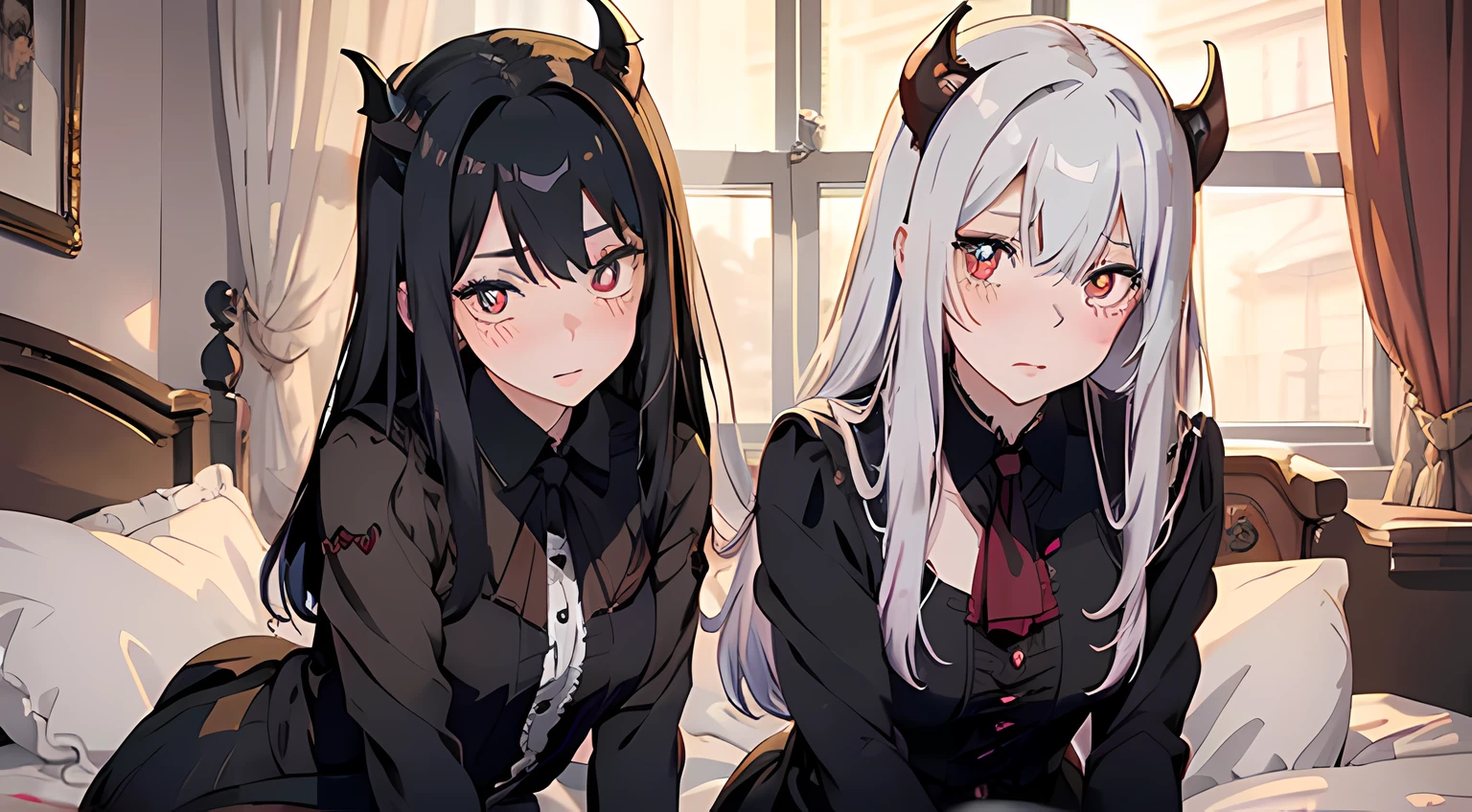 2 vampire girls with horns, (beautiful eyes finely detailed, detailed face, different hair lengths, different hair colors, different eye colors), wearing different style outfit, sit on the bed, full body, teasing facial expression, looking at the camera, blush on their face, bedroom, master piece, noon time, top-quiality, detailed, High Resolution anime illustration