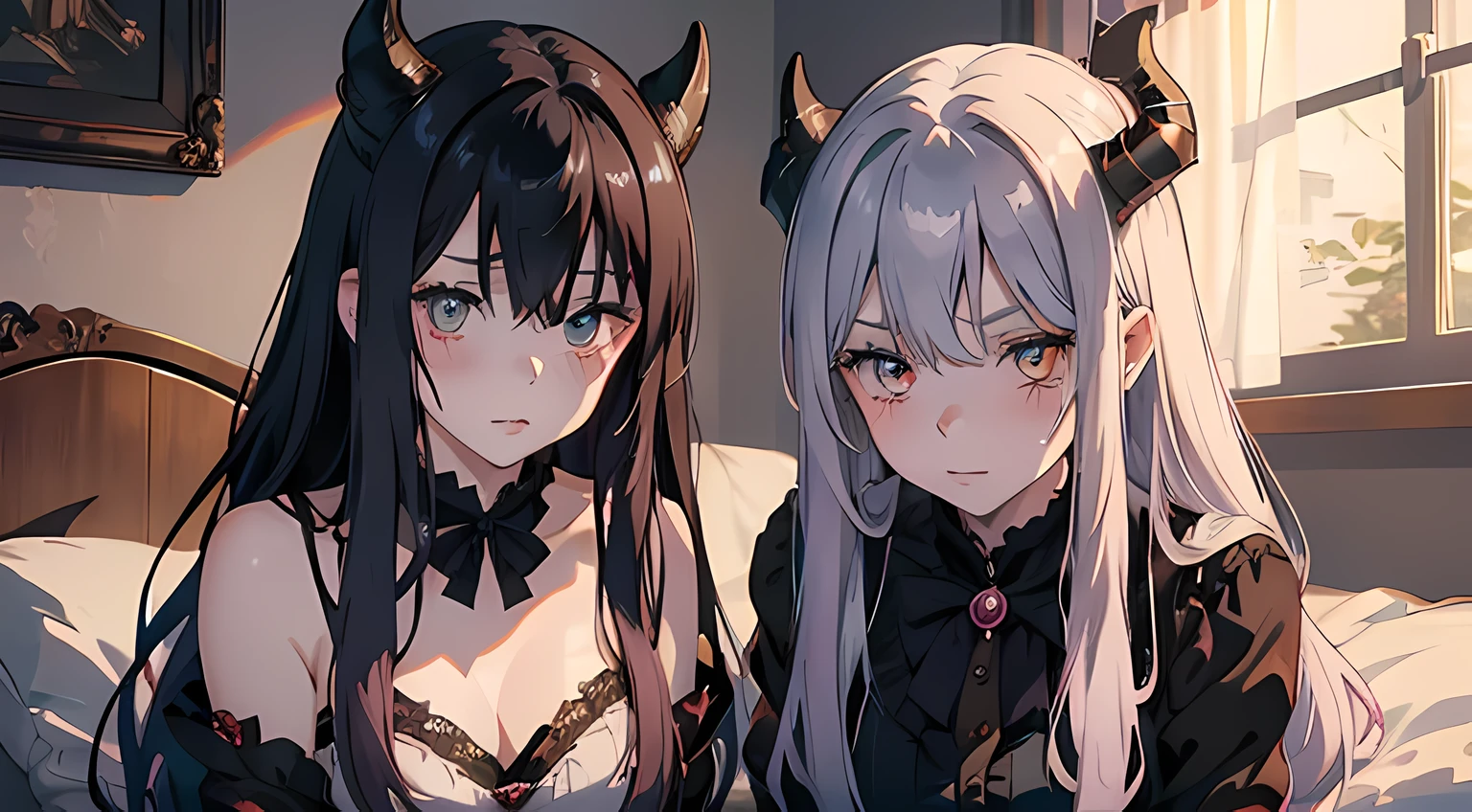 2 vampire girls with horns, (beautiful eyes finely detailed, detailed face, different hair lengths, different hair colors, different eye colors), wearing different style outfit, sit on the bed, full body, teasing facial expression, looking at the camera, blush on their face, bedroom, master piece, noon time, top-quiality, detailed, High Resolution anime illustration