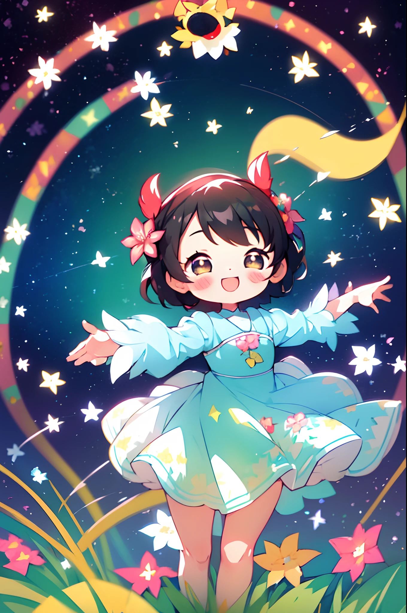 Extremely detailed,(Fractal Art:1.1),(Colorful:1.1)(Flowers:1.3)、 (Dynamic Pose), (Abstract background:1.3)、(Many colors:1.4)、Place one small doll on a circular stand、kawaii pose、A smile、A dark-haired、Chibi Doll、Stars in the eyes(kirakira)、Singing with microphone in hand、Eye Up、Laugh、Cute red shoes、Ultra Detail, radiant light、bio luminescent、Stronger bokeh effect、Taken from the side