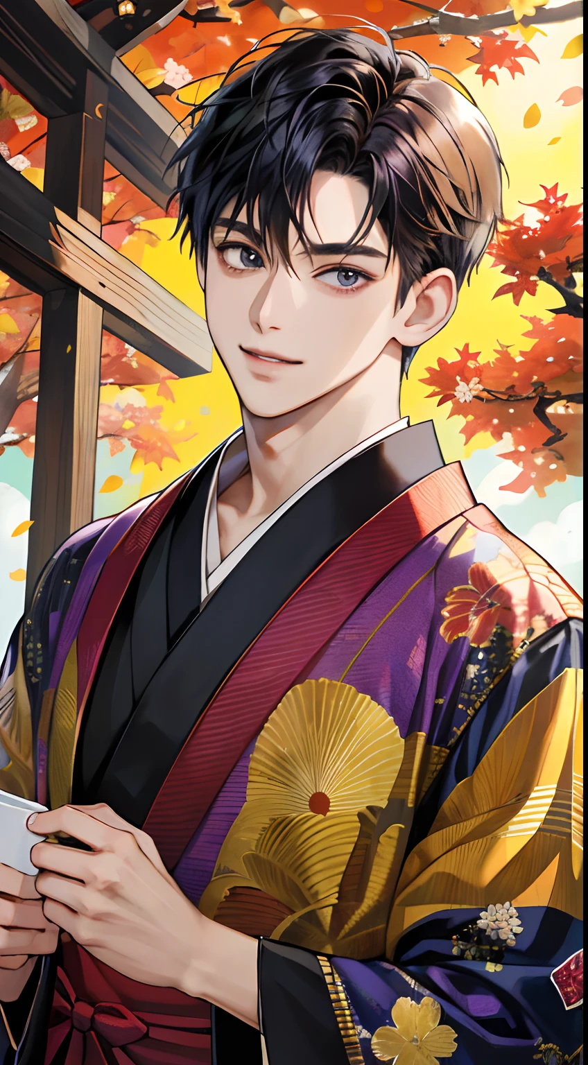 (masutepiece:1.3),(Best Quality:1.2),8K,absurderes,(Extremely detailed:1.3),highest grade,(1boy:1.2),Portrait,Shirt, Short hair, Very short hair,Piercing、Looking at the camera、Smiling、He is wearing a delicate and cool dark purple men&#39;s kimono.、The background is a night of delicate and beautiful autumn leaves in Japan........、Dark night background、Fantastical