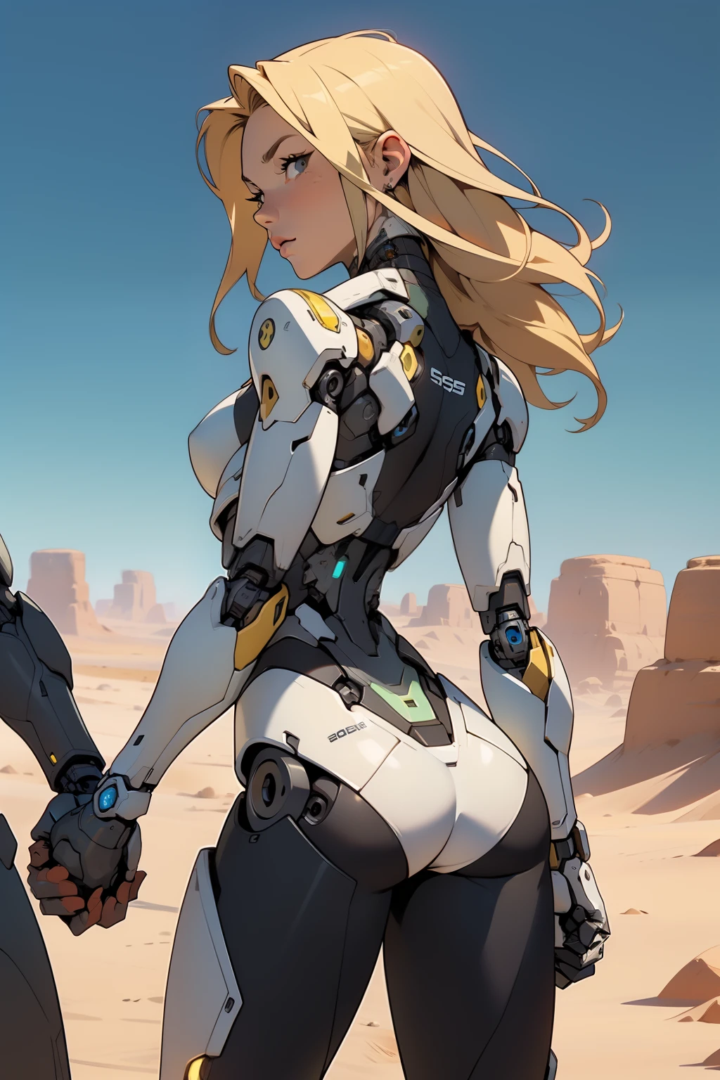 high quality, 4k, masterpiece, beautiful, cyborg girl, cowboy shot, dull eyes, back side, turning around to look at viewer, long blonde hair, girl, small breasts, fit thigh, robotic arms, robotic body, cyborg body, yellow accent, redaccent, intricate detail, joint, detailed lines, robotic detail, holding fist up, holding hand up as fist, color robotic parts, robotic parts with color, perfect fingers, on a desert planet, sunny background, colorful desert,